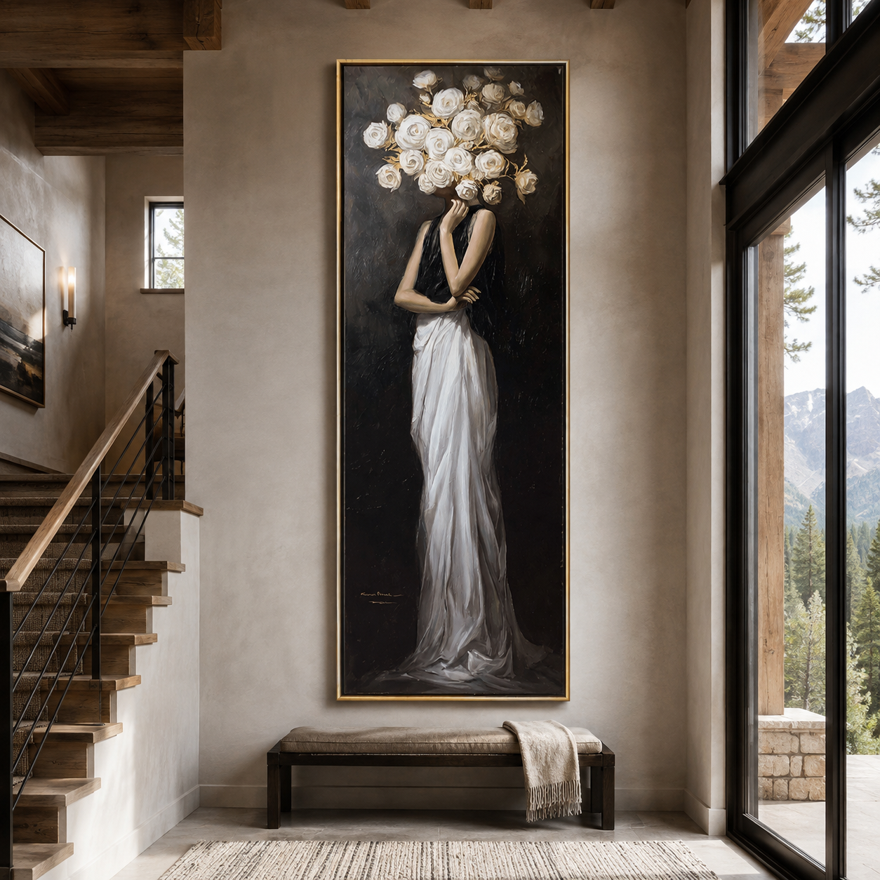 Silent Bloom-White Rose Woman Painting