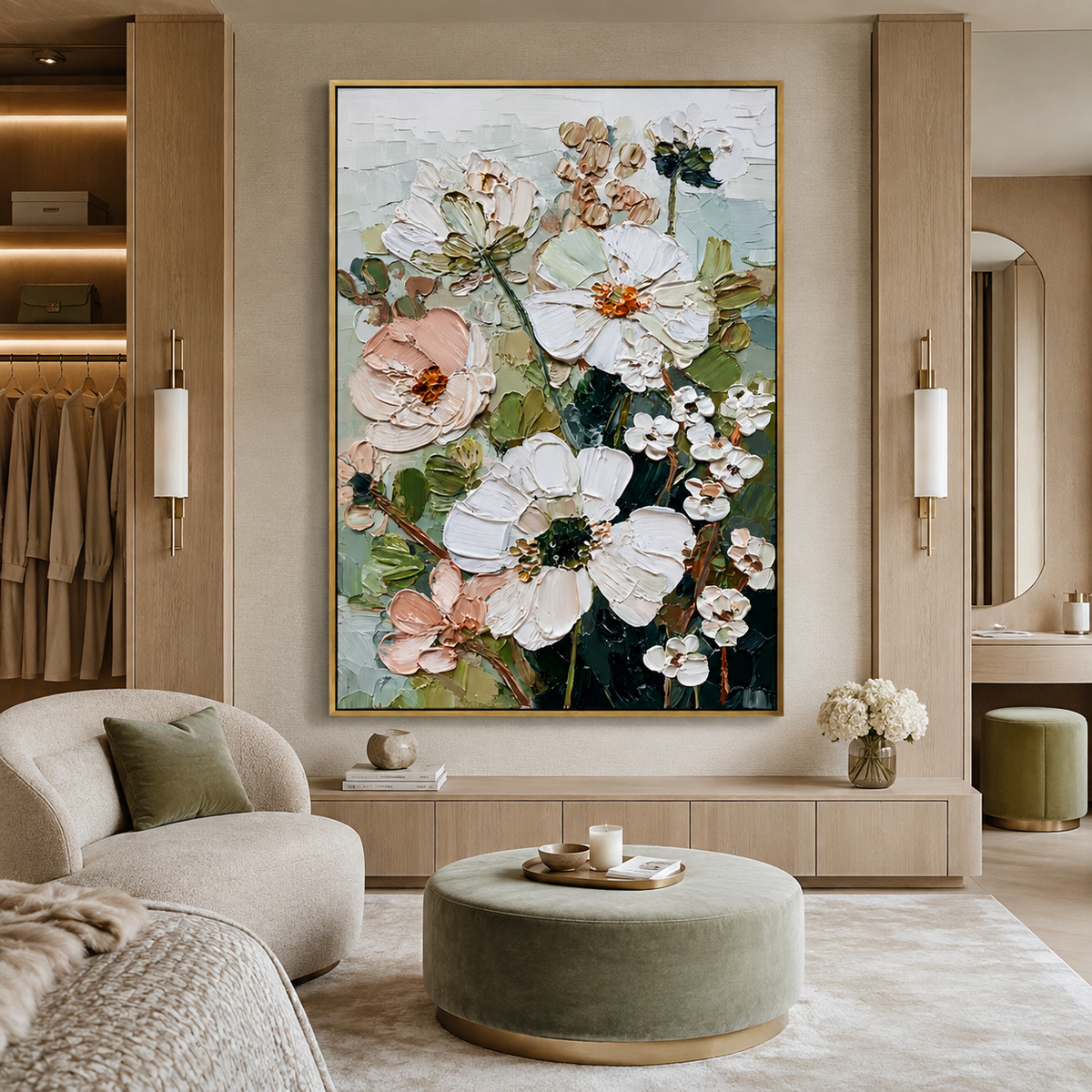 Ivory Blossom Grove-Textured Floral Oil Painting