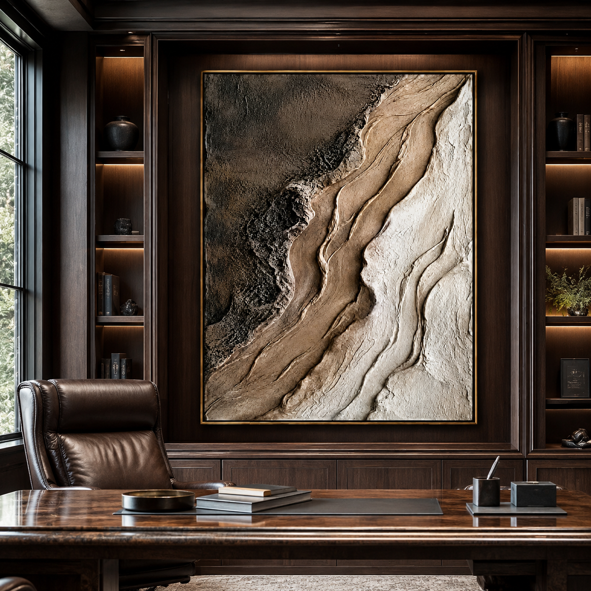 Earthen Flow-Brown White Textured Abstract Painting