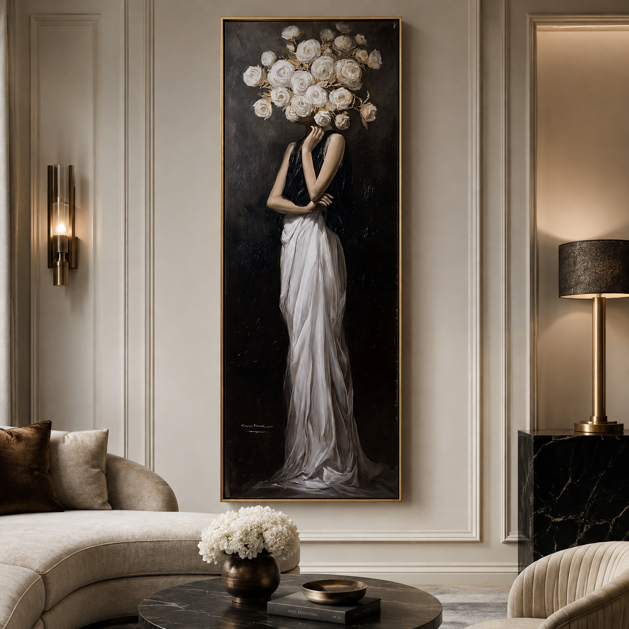 Silent Bloom-White Rose Woman Painting