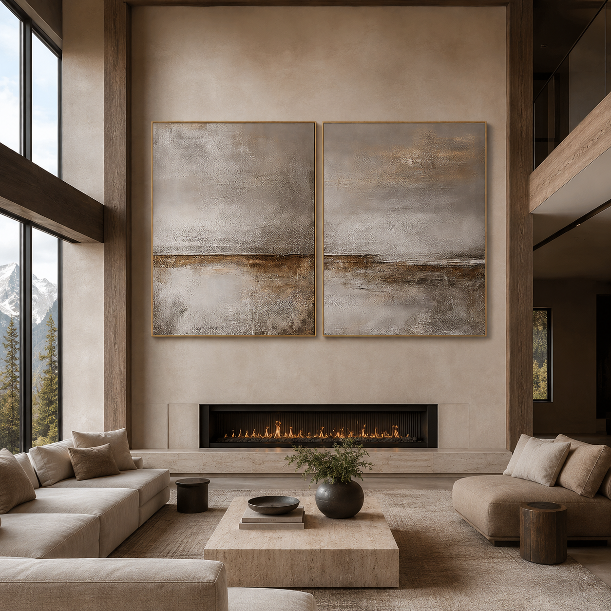 Still Horizon-Taupe Textured Diptych Painting