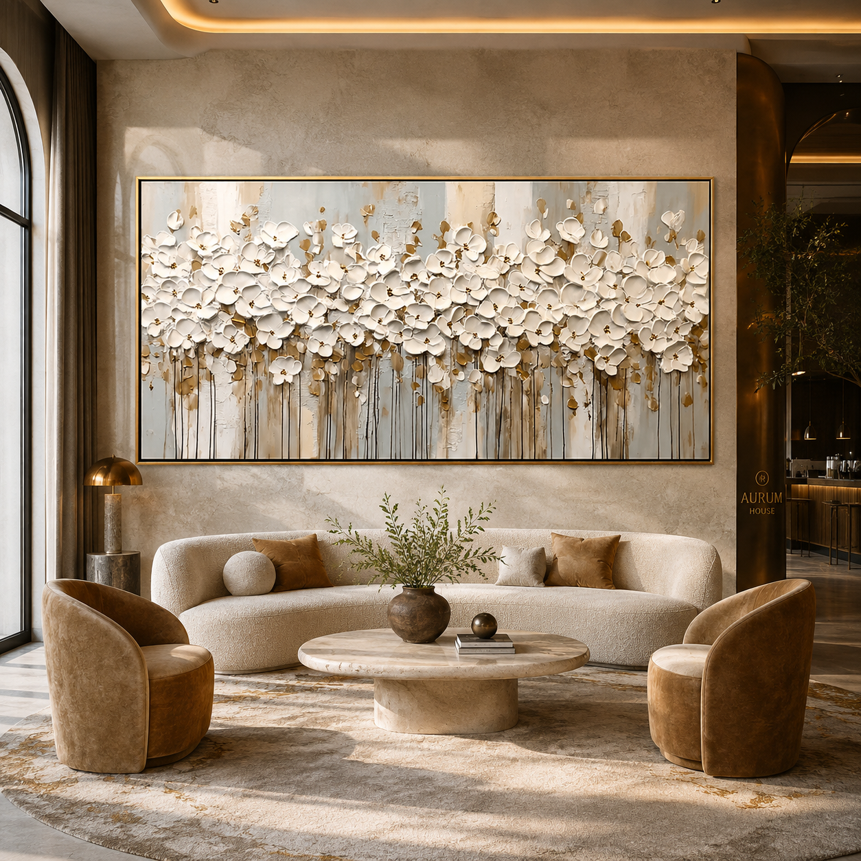 Ivory Blossom-White Gold Floral Painting