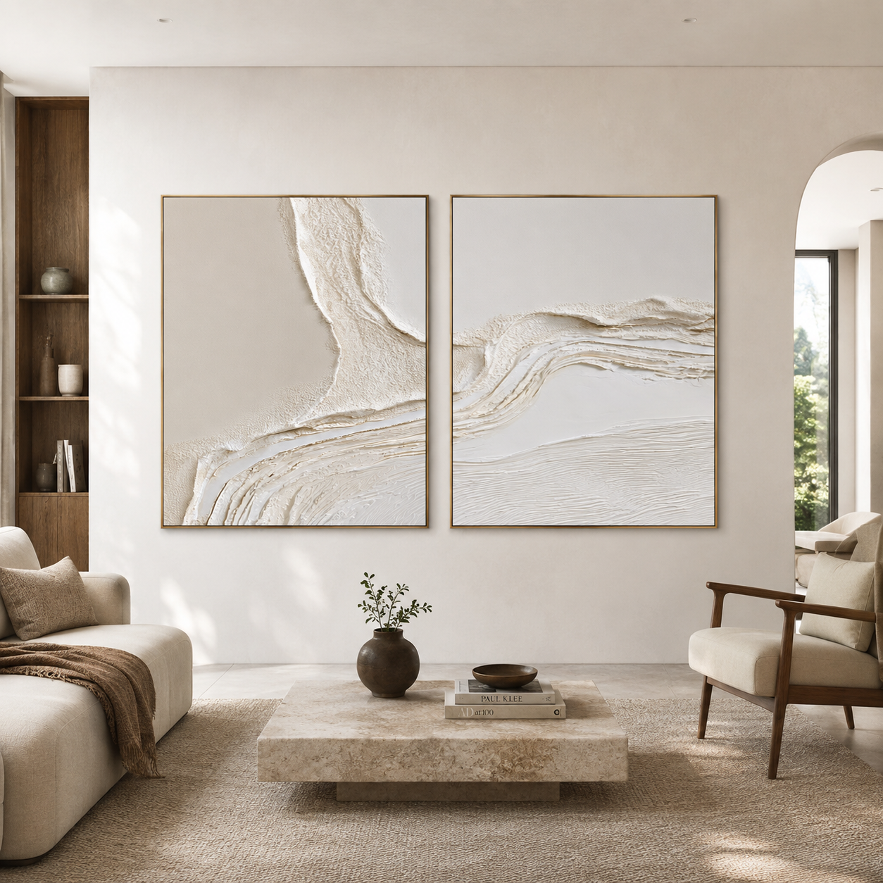 Quiet Tides-Ivory Textured Diptych Painting