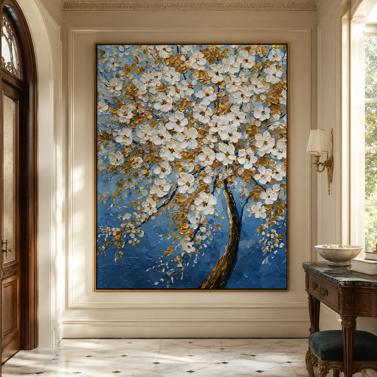 Golden Blossom Tree-Blue Floral Oil Painting