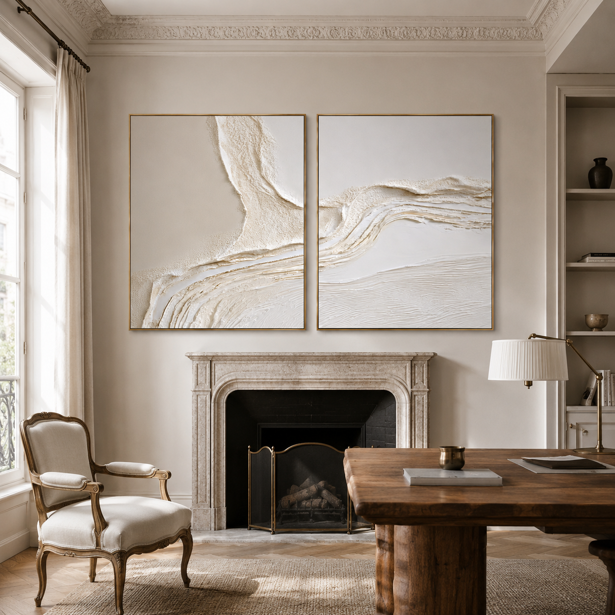 Quiet Tides-Ivory Textured Diptych Painting