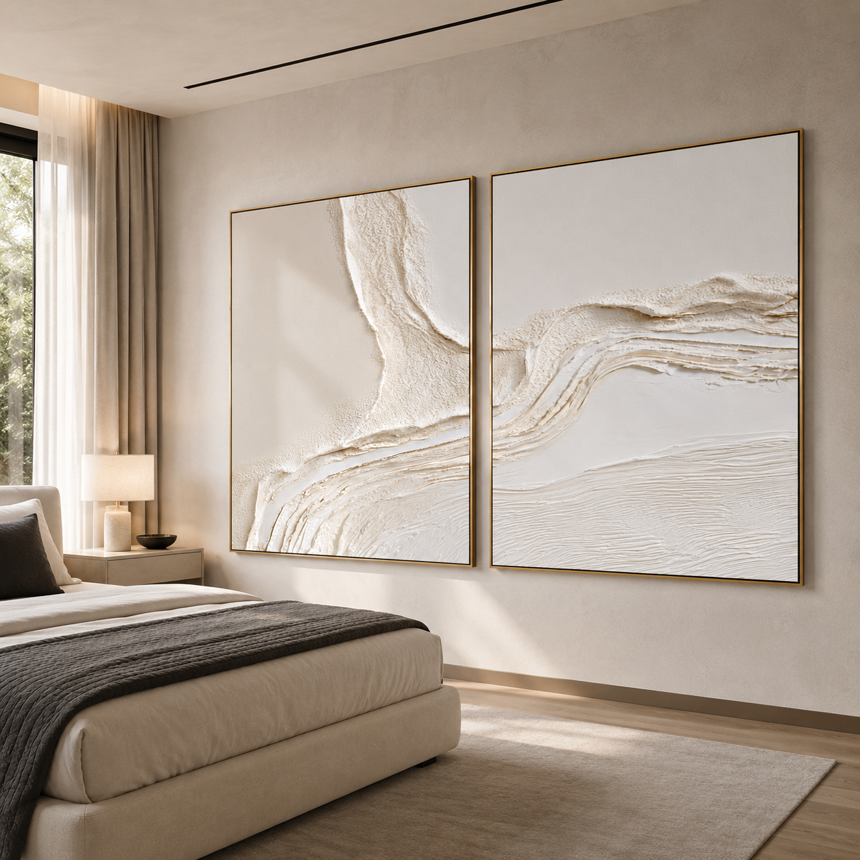 Quiet Tides-Ivory Textured Diptych Painting