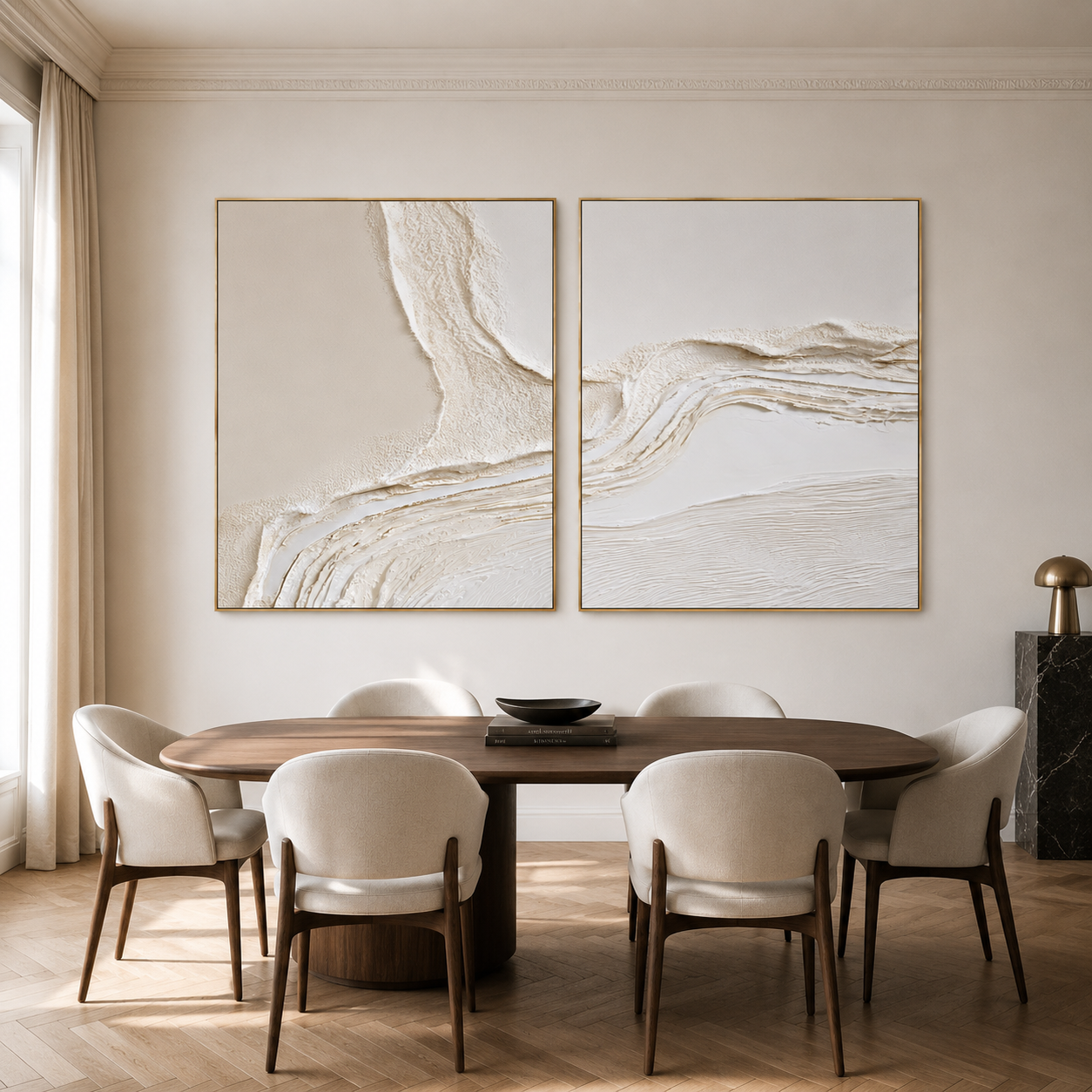 Quiet Tides-Ivory Textured Diptych Painting