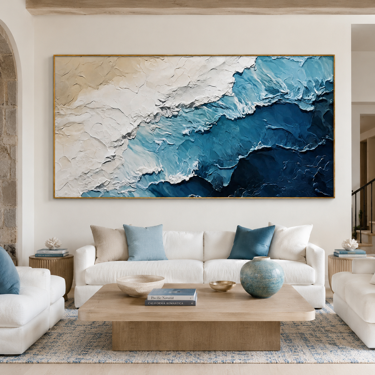 Tidal Drift-Blue White Textured Ocean Painting