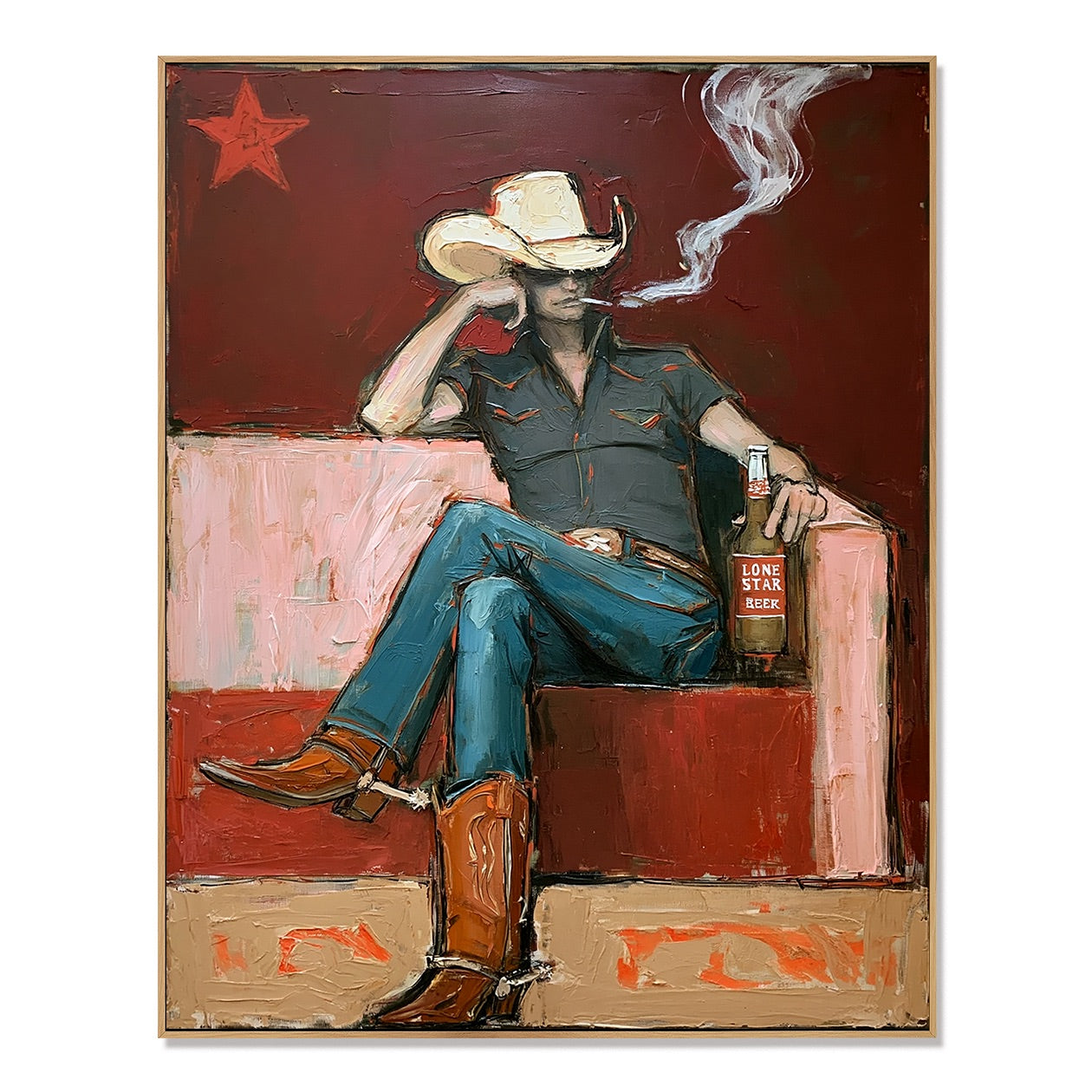 After Hours-Smoking Cowboy Oil Painting