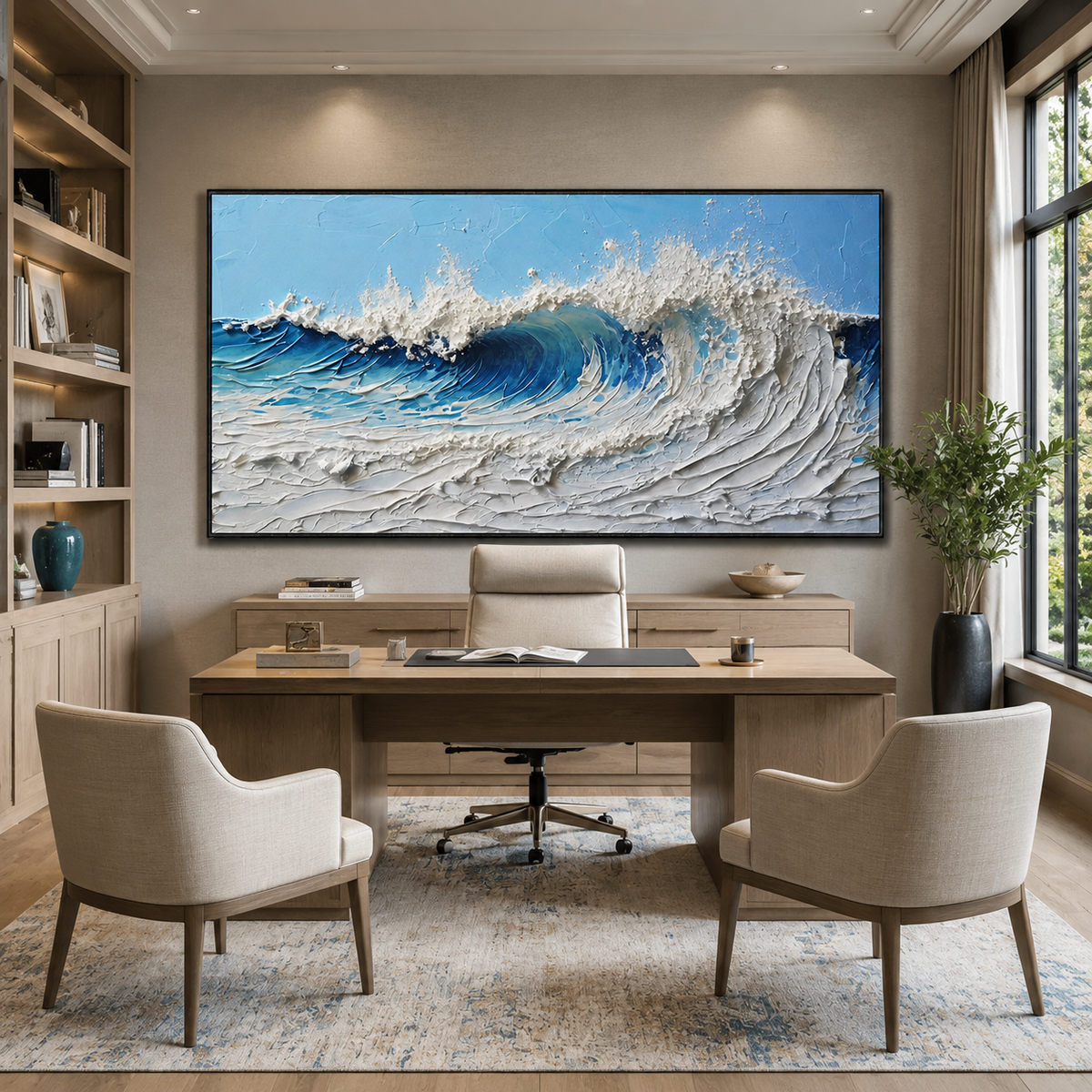 Cresting Azure-Blue White Impasto Ocean Wave Painting