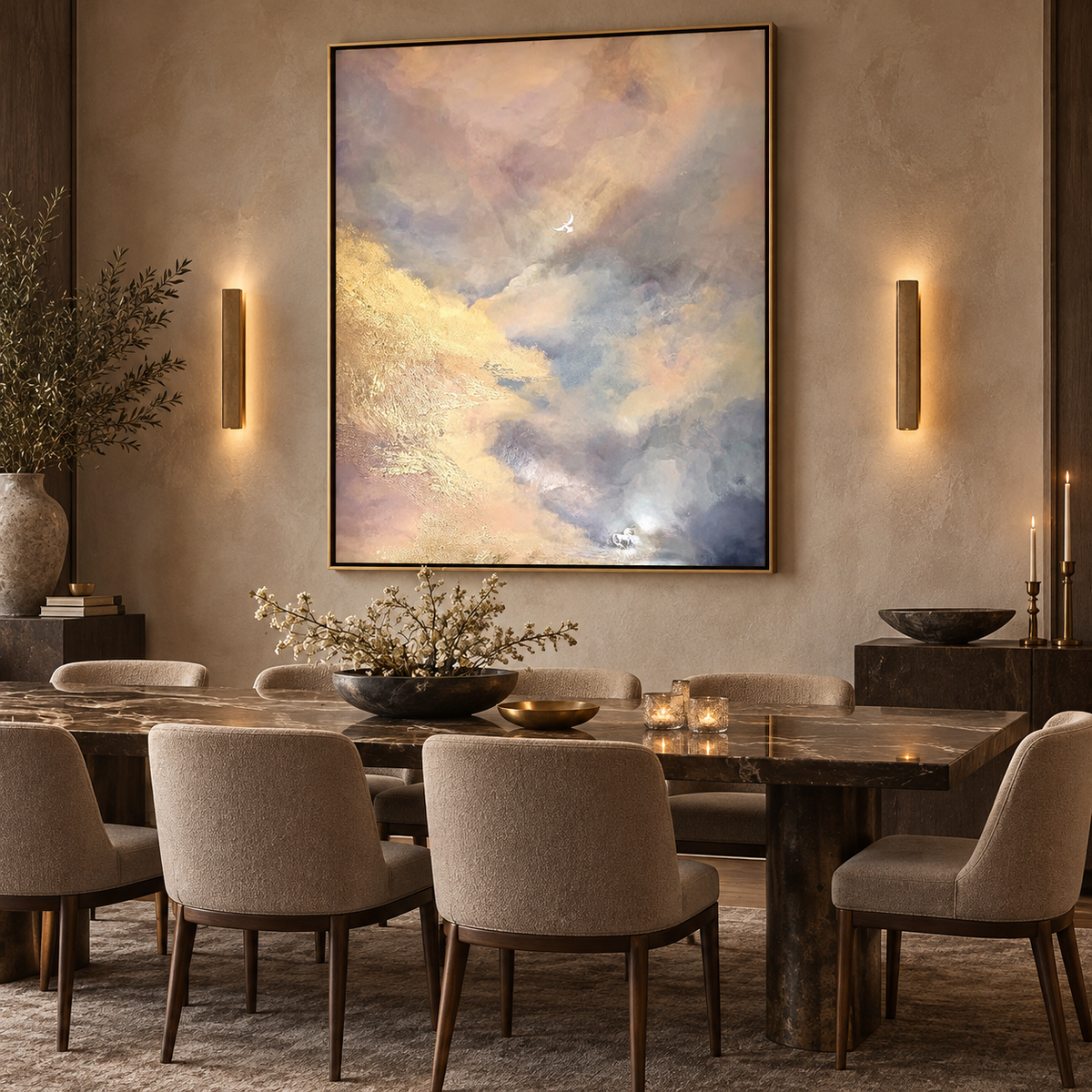 Ethereal Sky Serenity-Soft Neutral Abstract Cloudscape Oil Painting