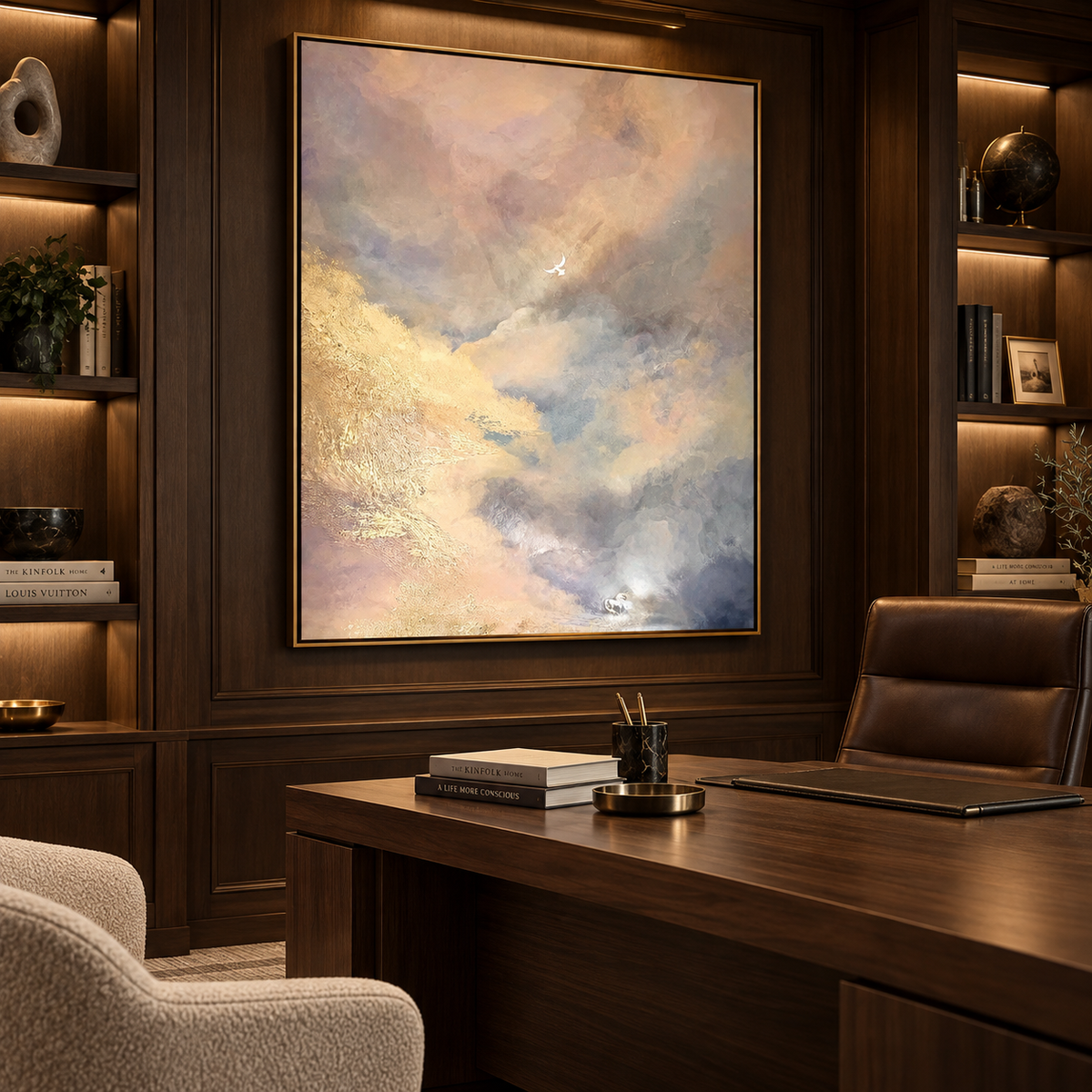 Ethereal Sky Serenity-Soft Neutral Abstract Cloudscape Oil Painting