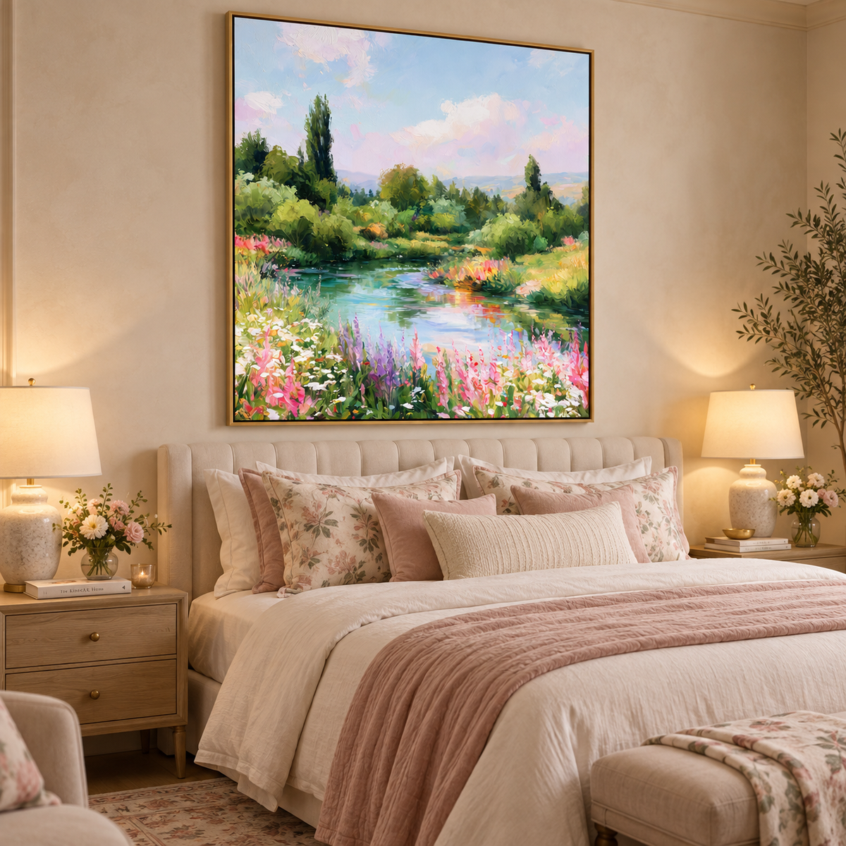 Pastel Garden Lake Landscape Painting