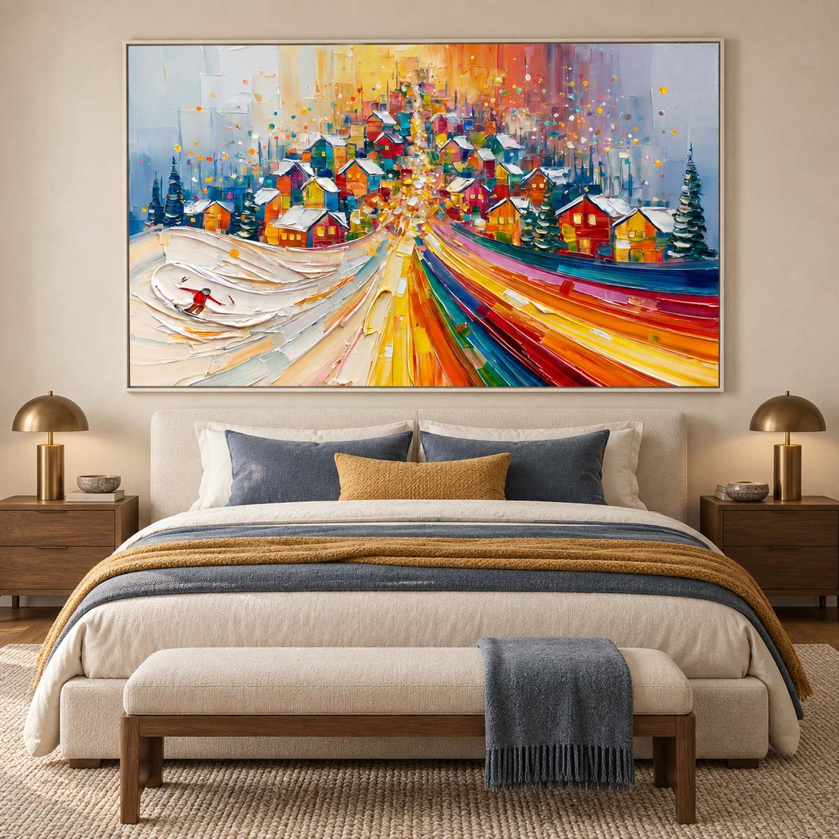 Winter Village Lights-Colorful Snowy Town Landscape Textured Oil Painting