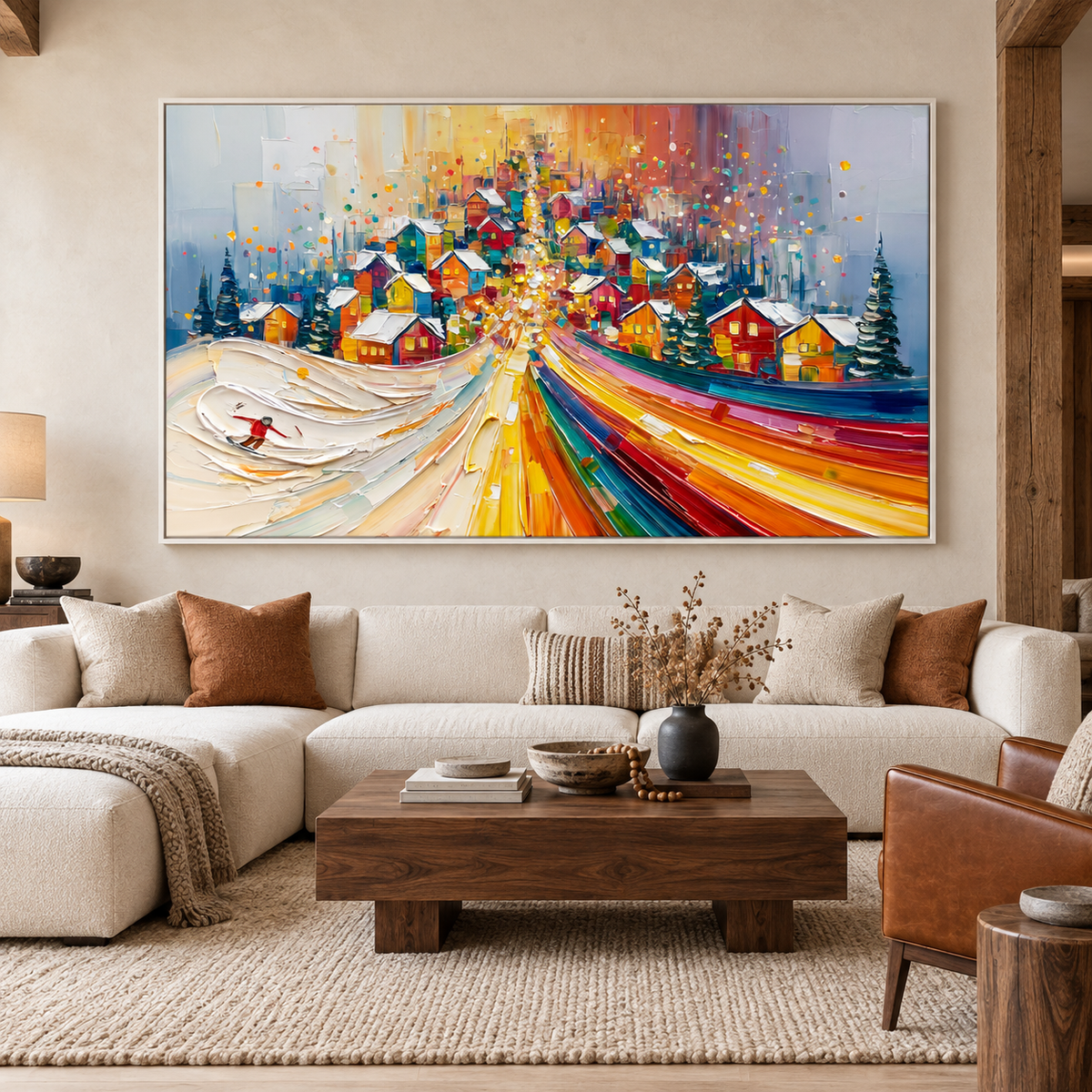 Winter Village Lights-Colorful Snowy Town Landscape Textured Oil Painting
