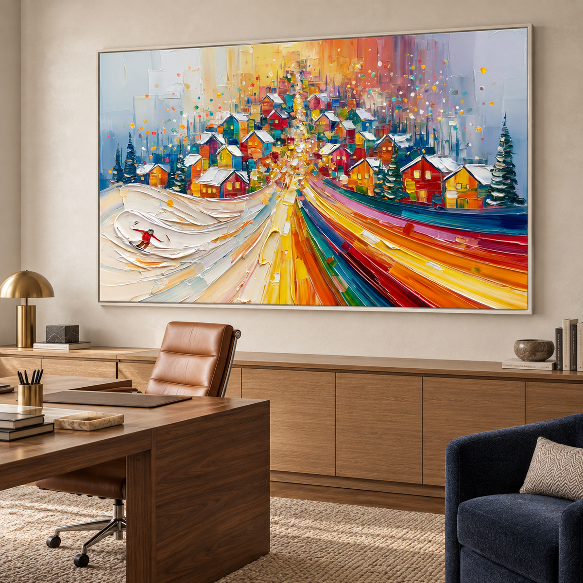 Winter Village Lights-Colorful Snowy Town Landscape Textured Oil Painting