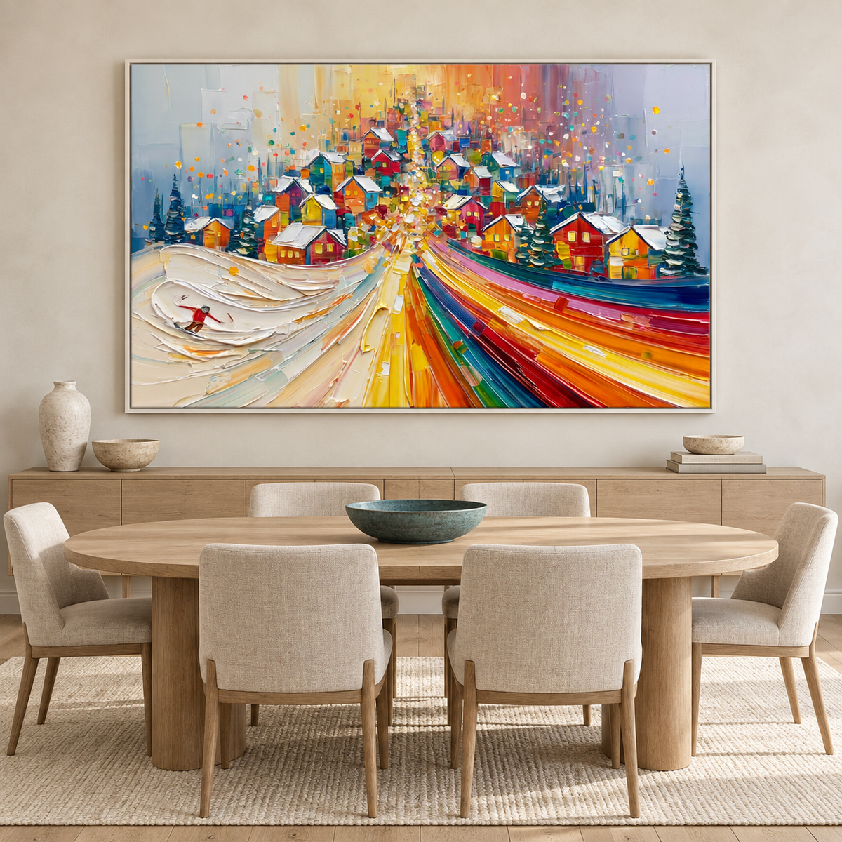Winter Village Lights-Colorful Snowy Town Landscape Textured Oil Painting