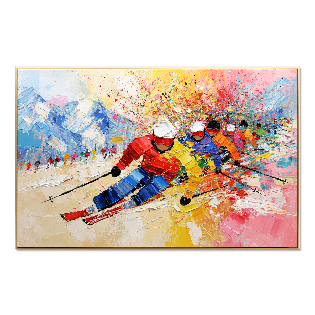 Dynamic Ski Racing-Colorful Mountain Adventure Textured Oil Painting