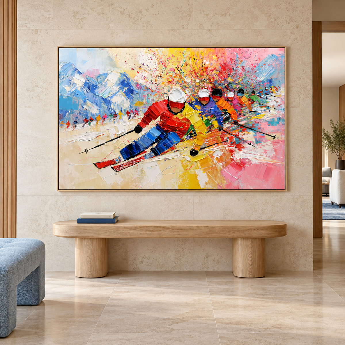 Dynamic Ski Racing-Colorful Mountain Adventure Textured Oil Painting
