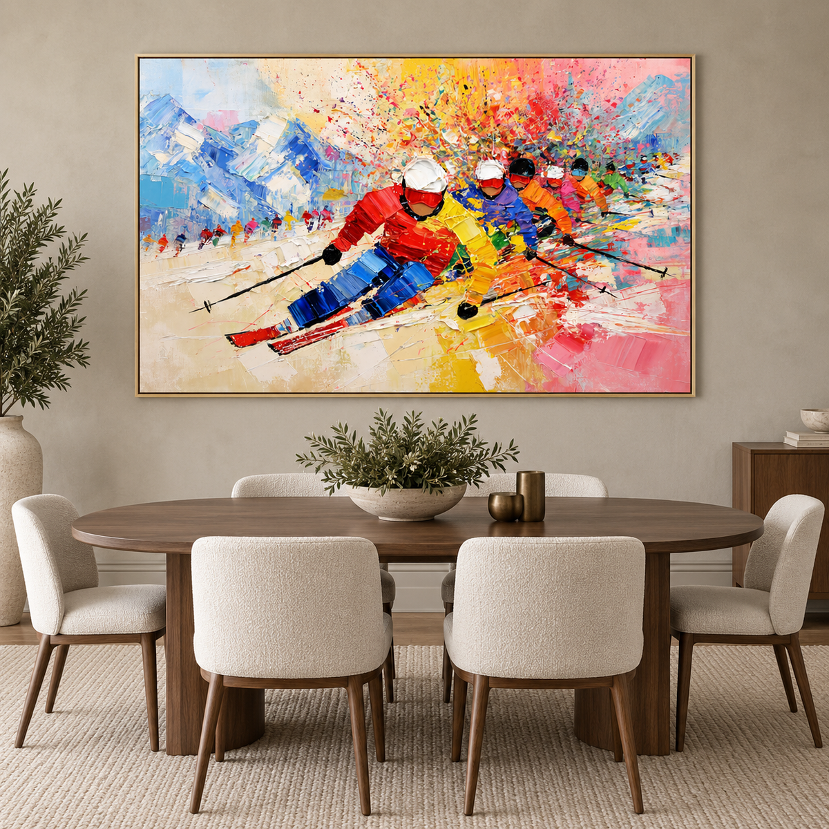 Dynamic Ski Racing-Colorful Mountain Adventure Textured Oil Painting
