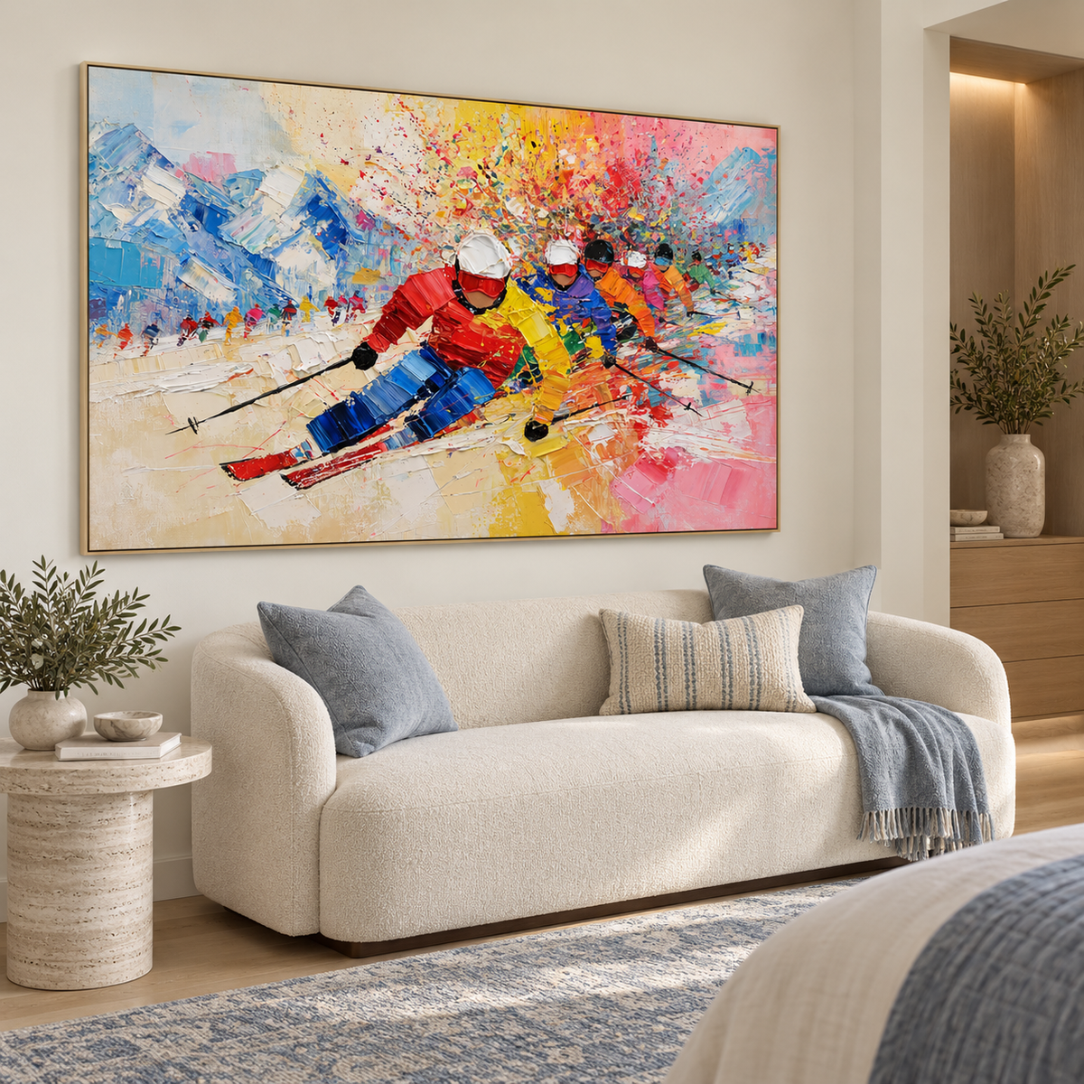 Dynamic Ski Racing-Colorful Mountain Adventure Textured Oil Painting