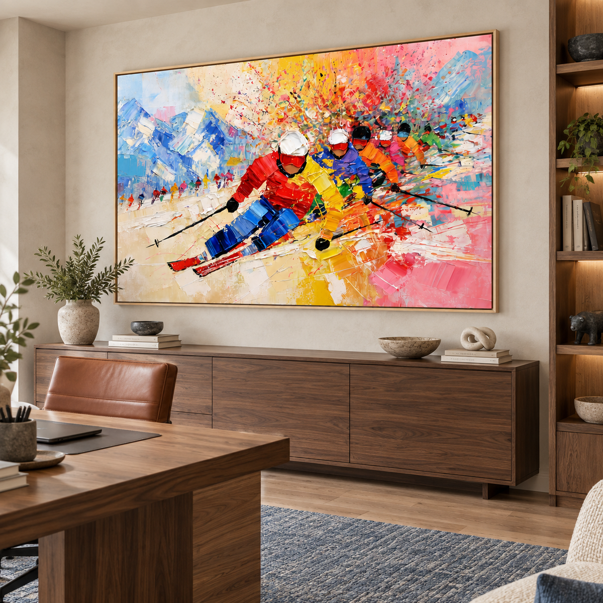 Dynamic Ski Racing-Colorful Mountain Adventure Textured Oil Painting