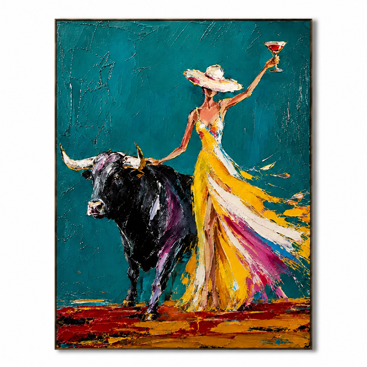 Woman and Bull in Yellow Dress-Colorful Western Oil Painting