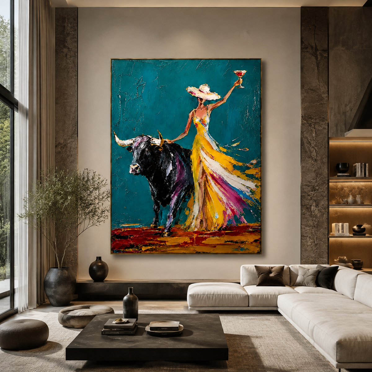Woman and Bull in Yellow Dress-Colorful Western Oil Painting
