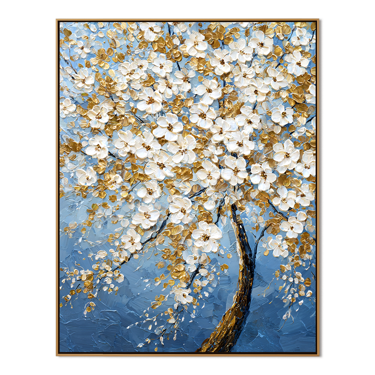 Golden Blossom Tree-Blue Floral Oil Painting