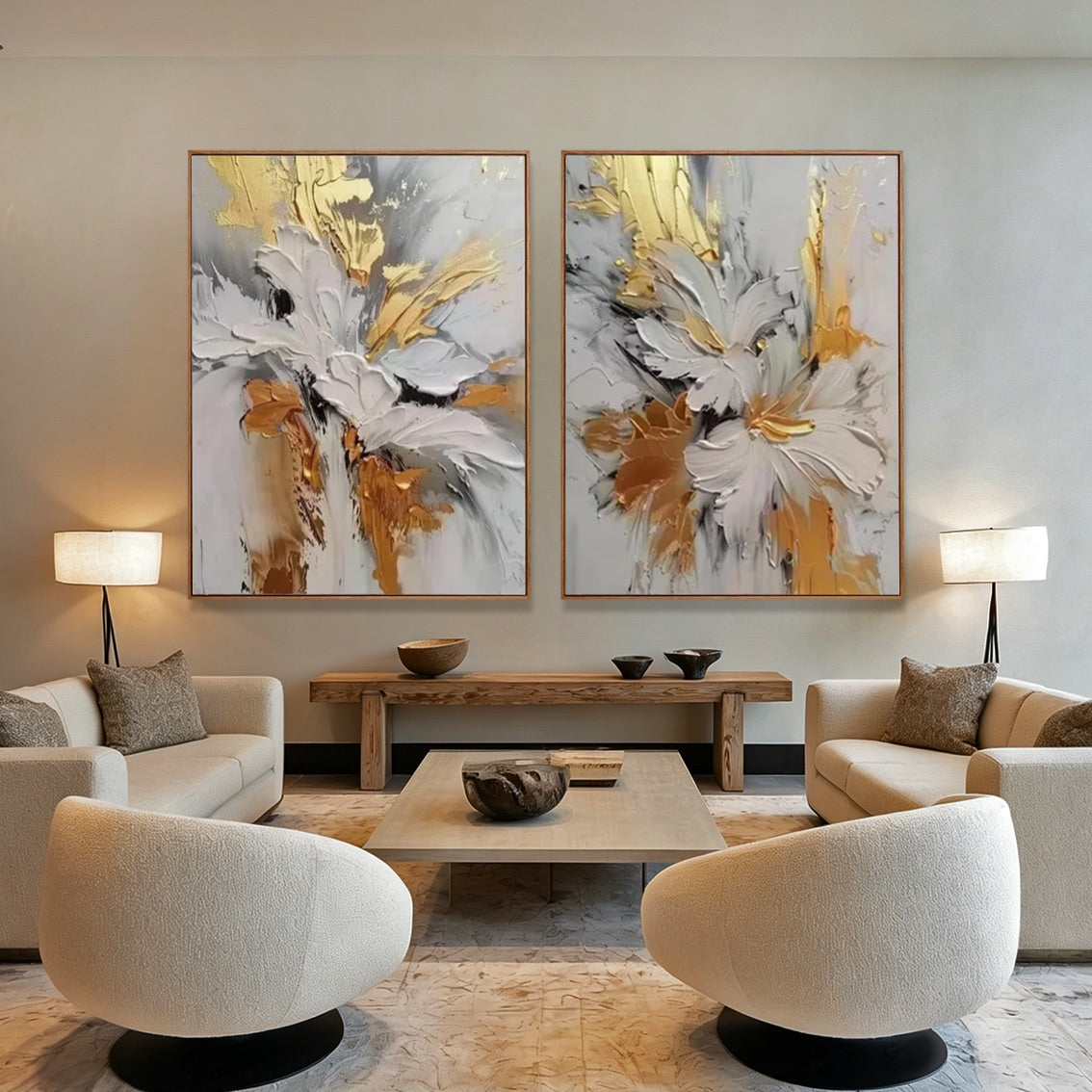 Ivory Bloom-Gold Abstract Floral Diptych