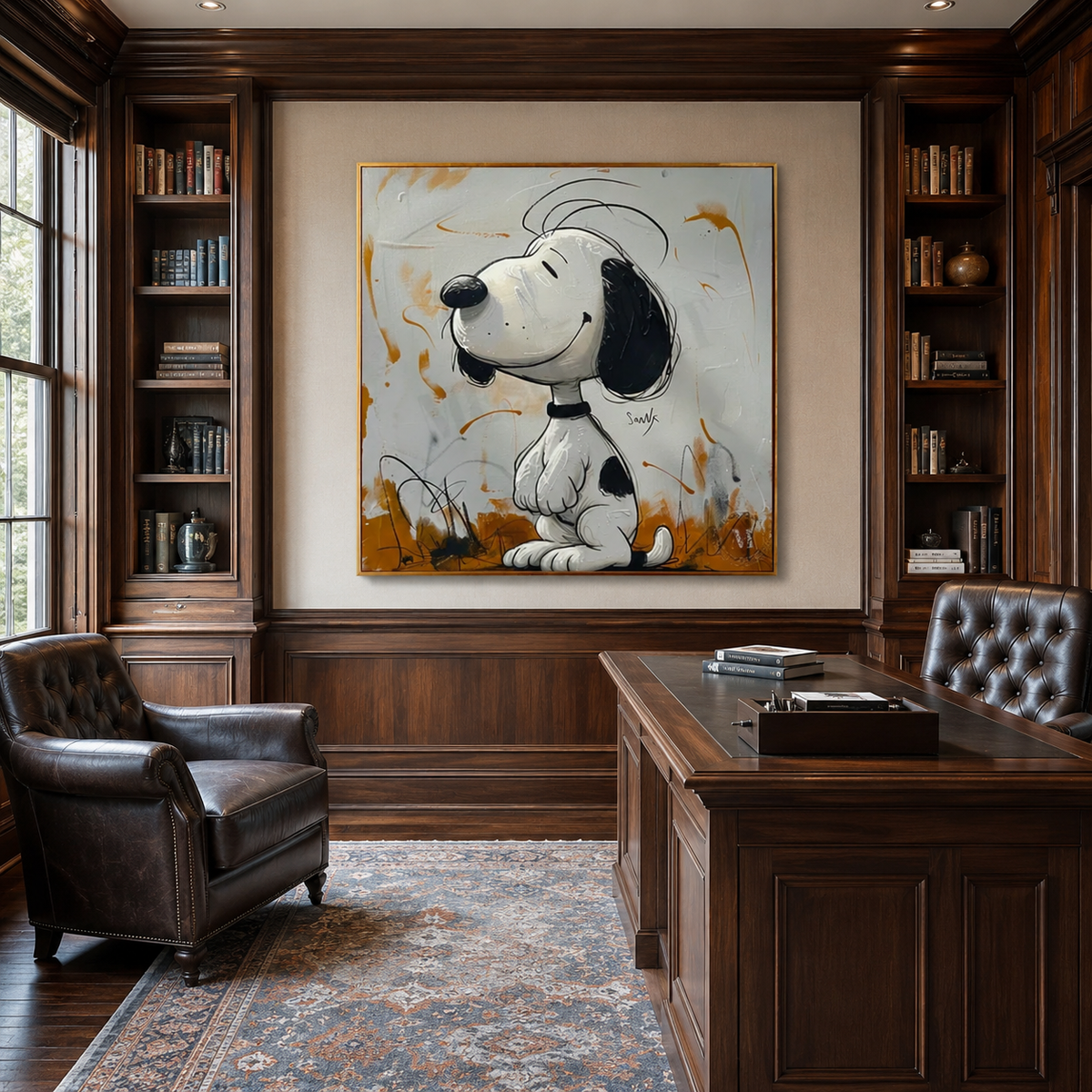 Golden Companion-Black and White Dog Portrait Painting
