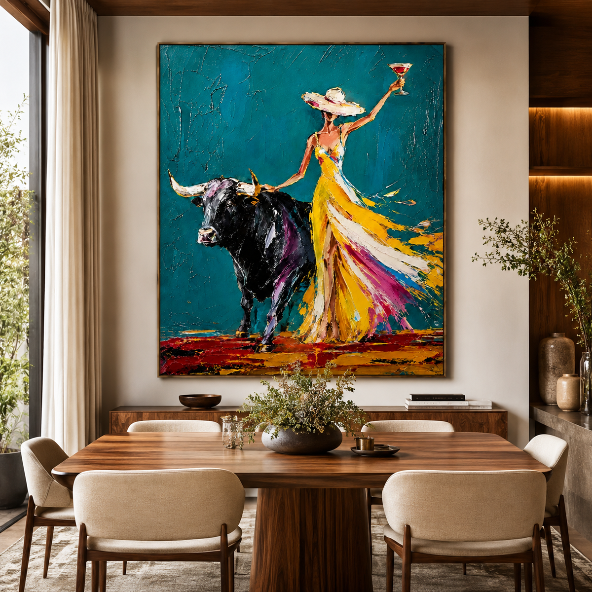 Woman and Bull in Yellow Dress-Colorful Western Oil Painting