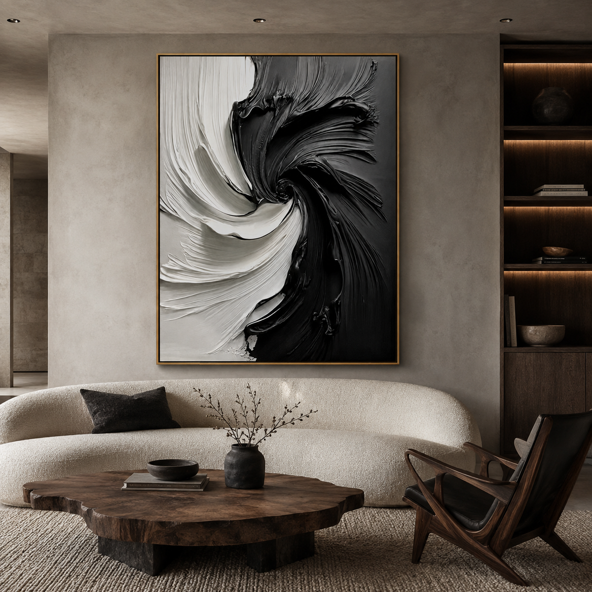 Dual Current-Black White Swirl Abstract Painting