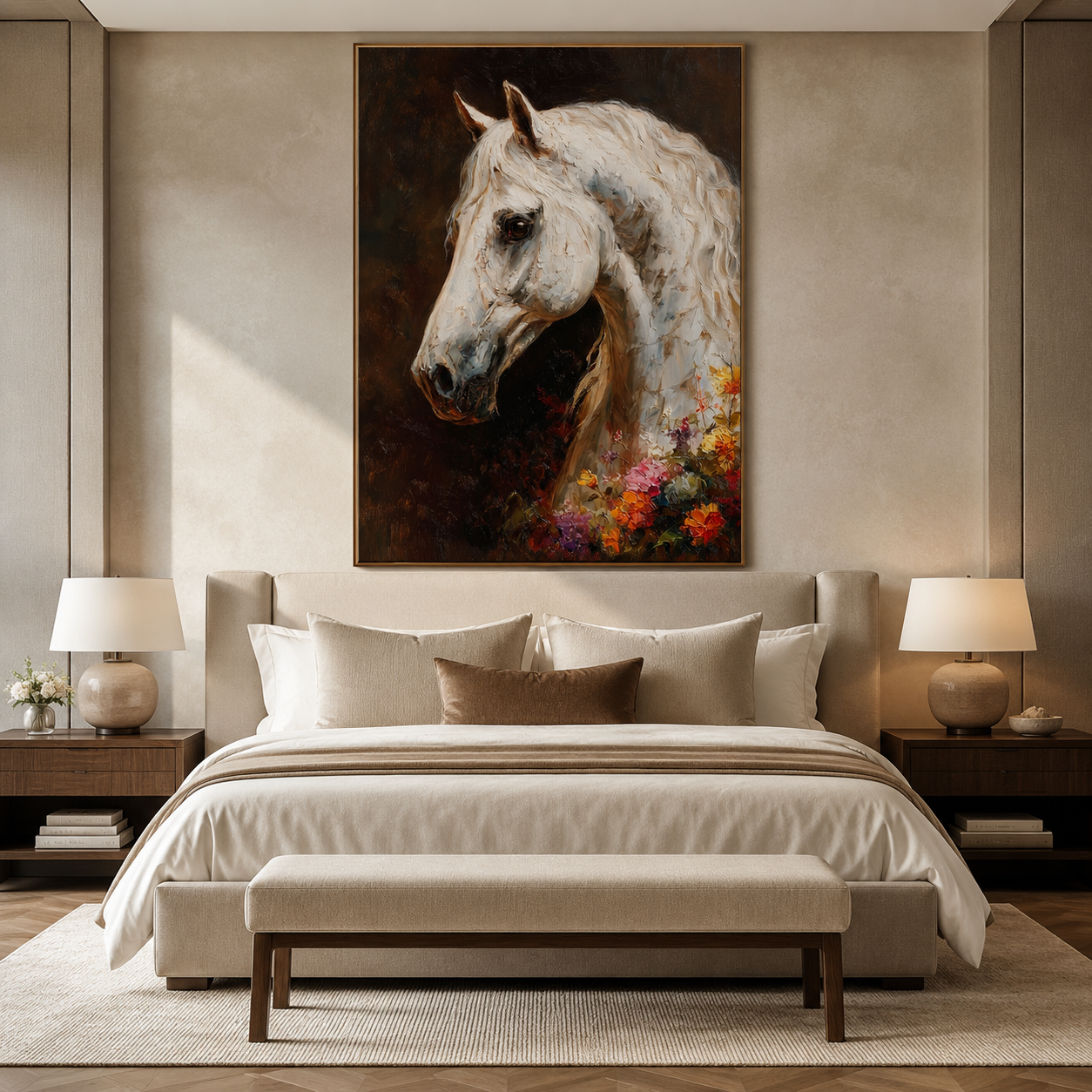 White Stallion-Bloom Horse Oil Painting