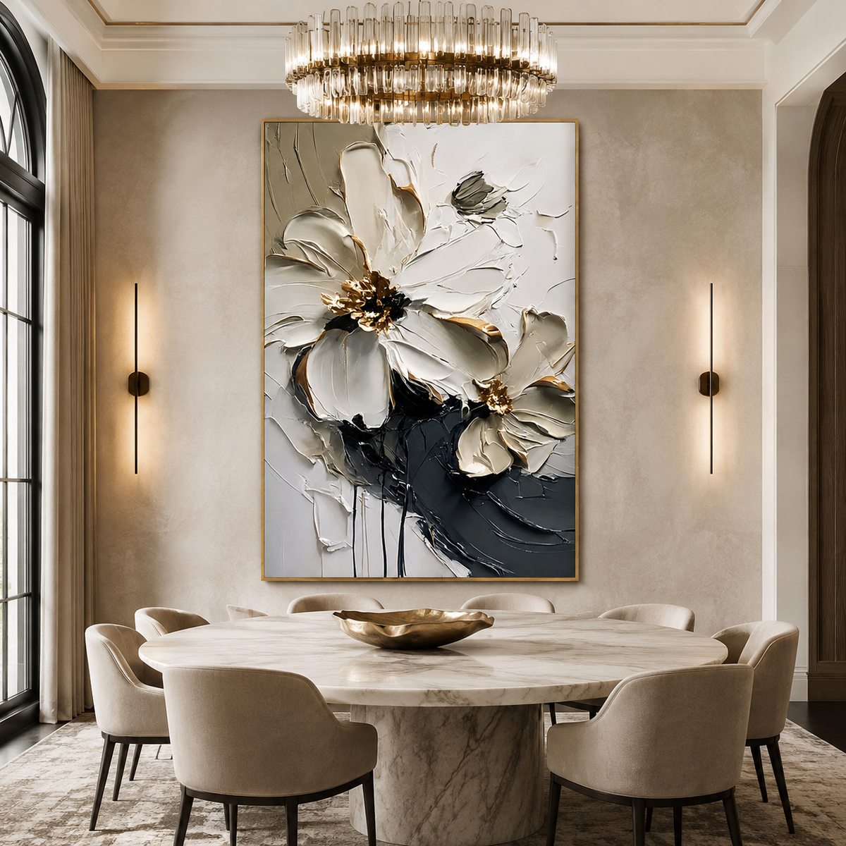 Ivory Nocturne-White Black Floral Painting