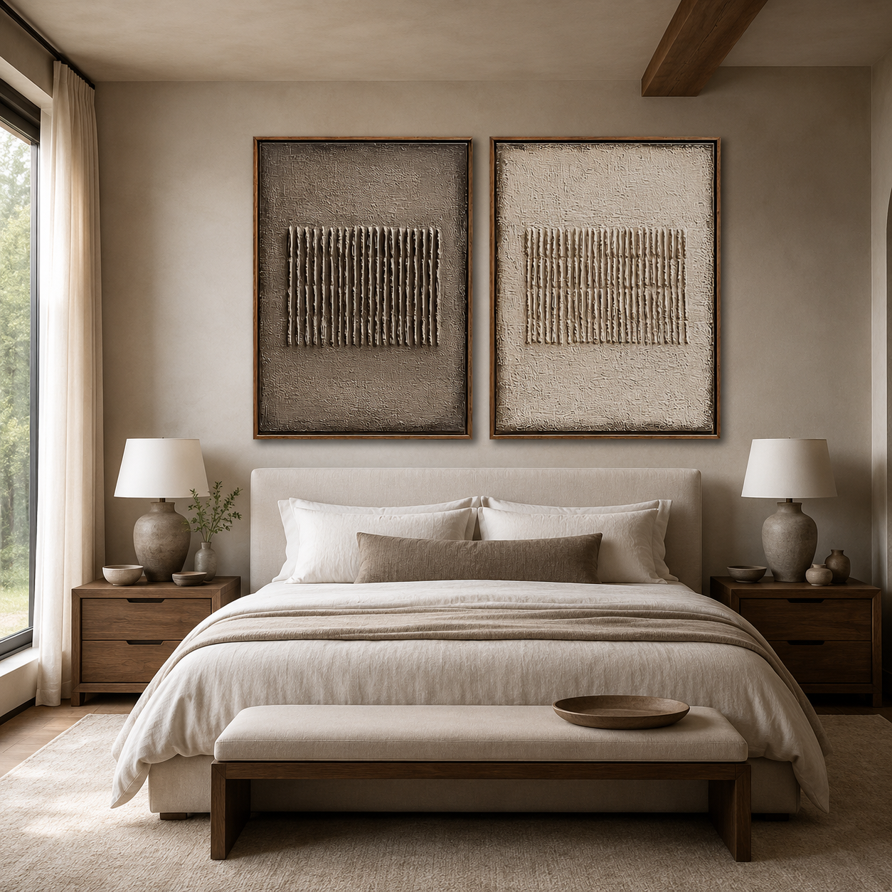 Parallel Grain-Taupe Ivory Textured Diptych