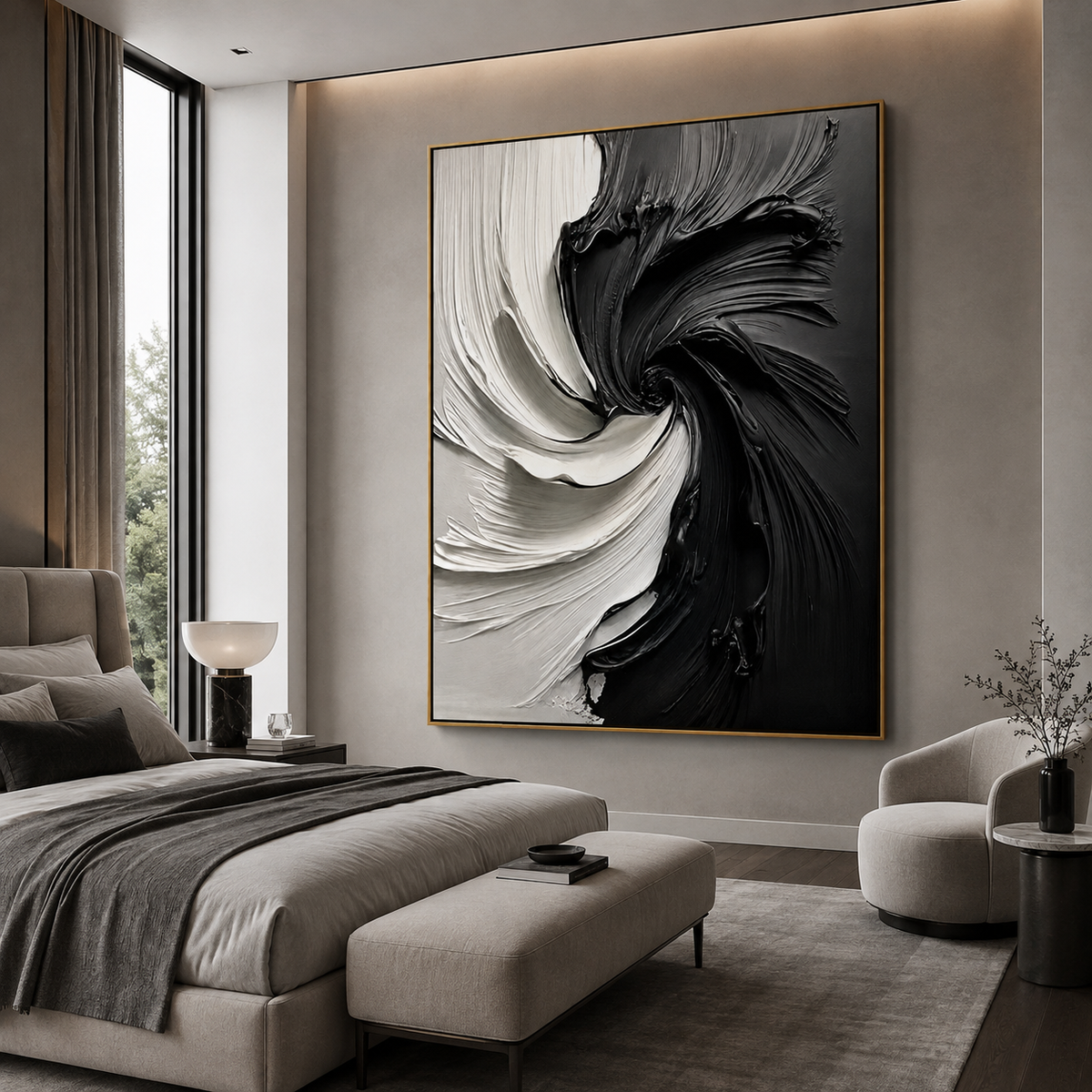 Dual Current-Black White Swirl Abstract Painting