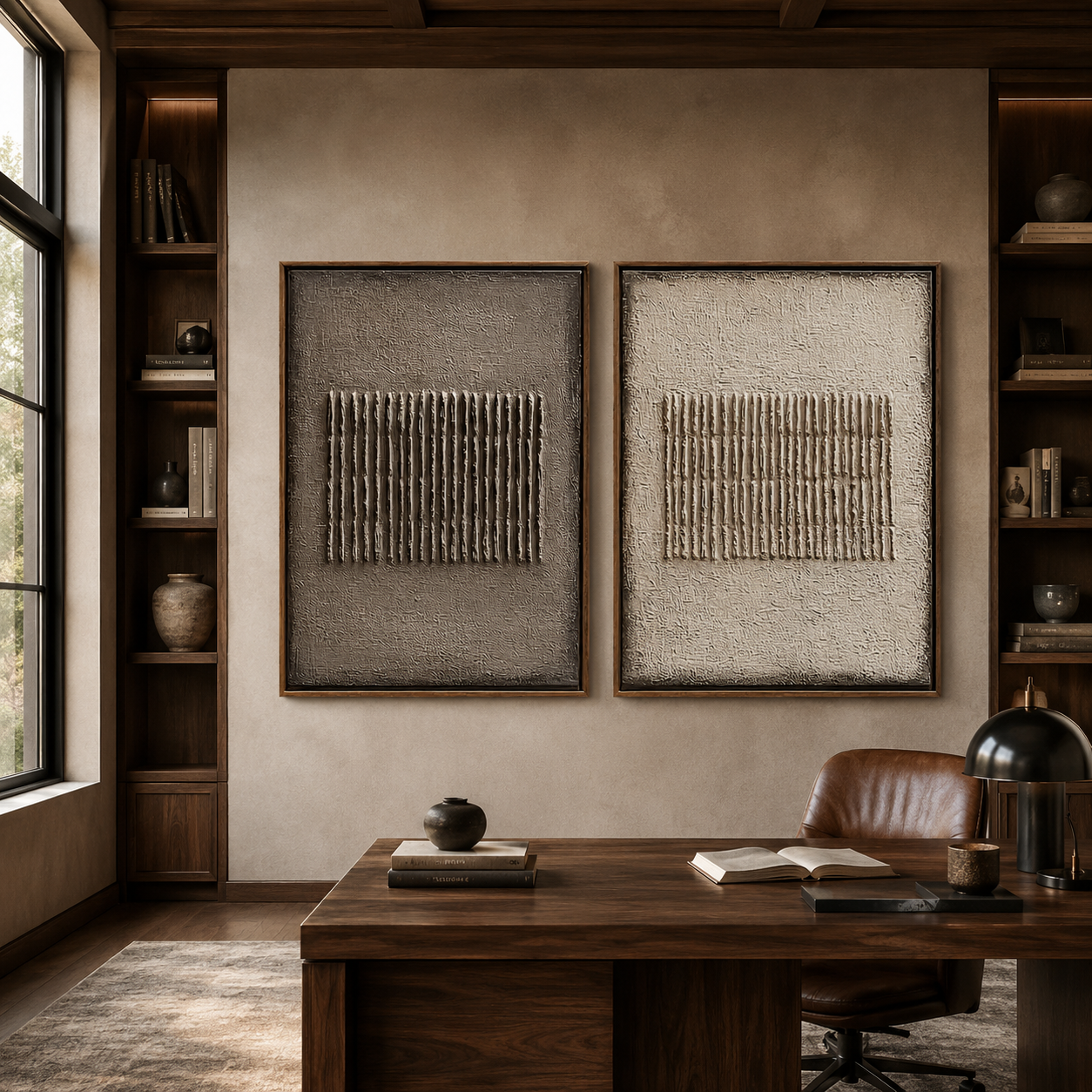 Parallel Grain-Taupe Ivory Textured Diptych