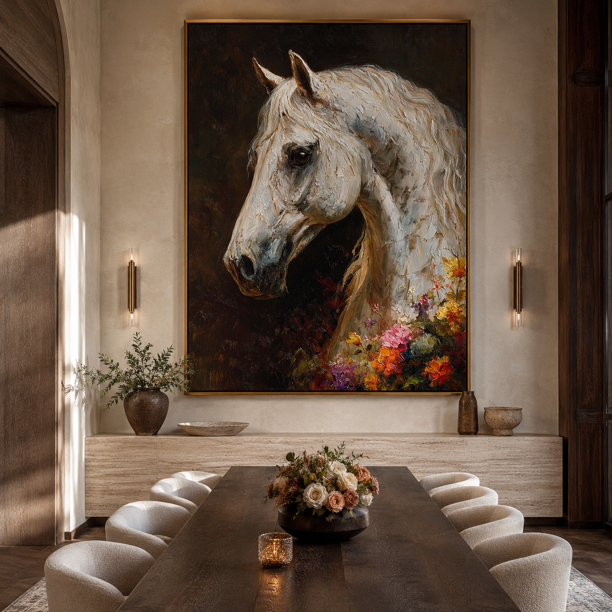 White Stallion-Bloom Horse Oil Painting