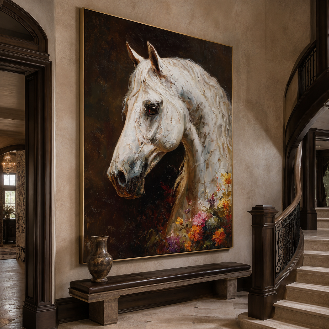 White Stallion-Bloom Horse Oil Painting