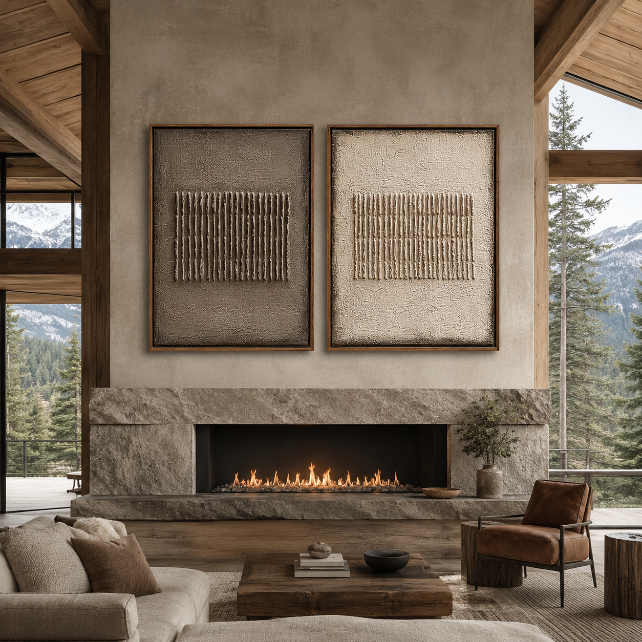Parallel Grain-Taupe Ivory Textured Diptych