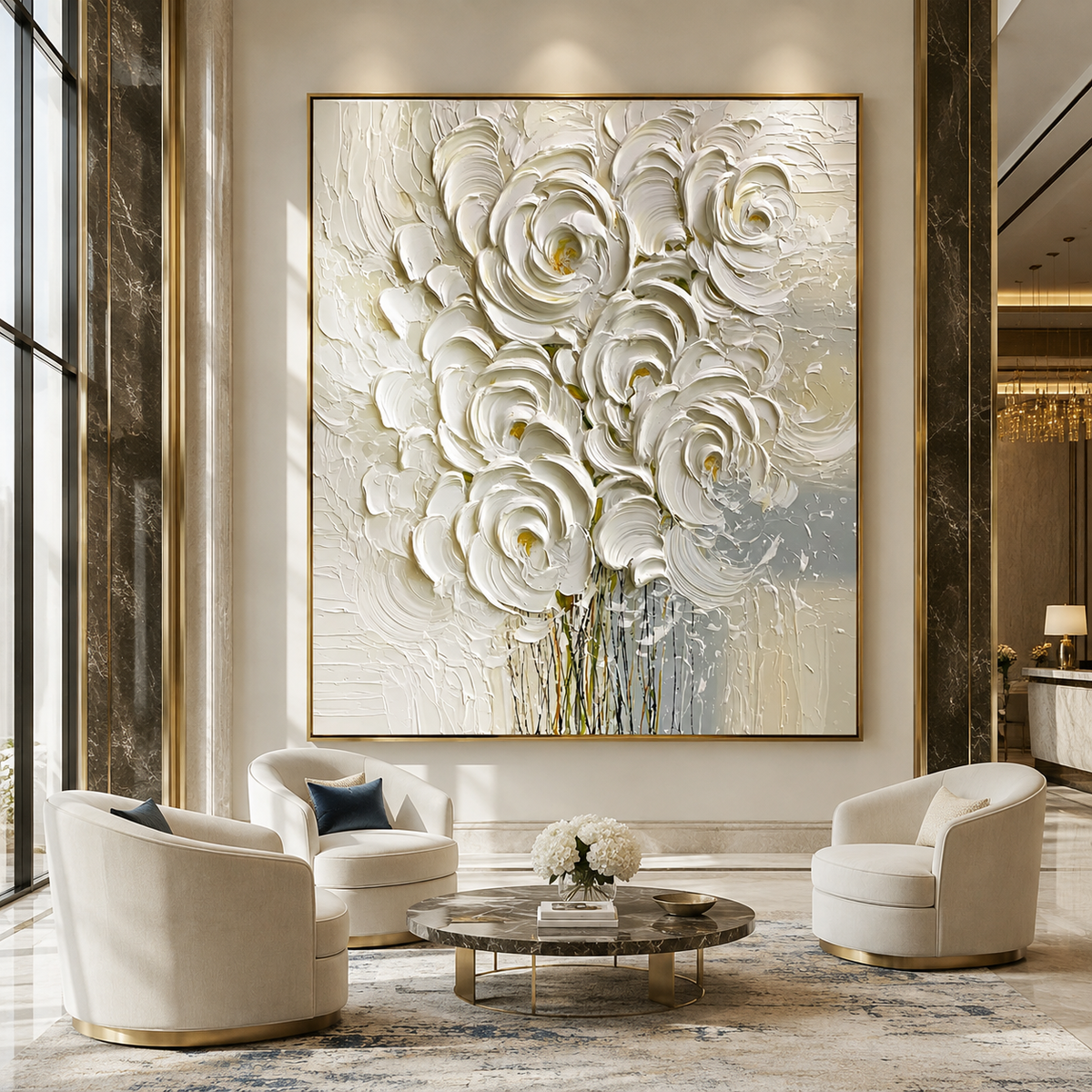 Ivory Rose Cascade-White Impasto Floral Painting