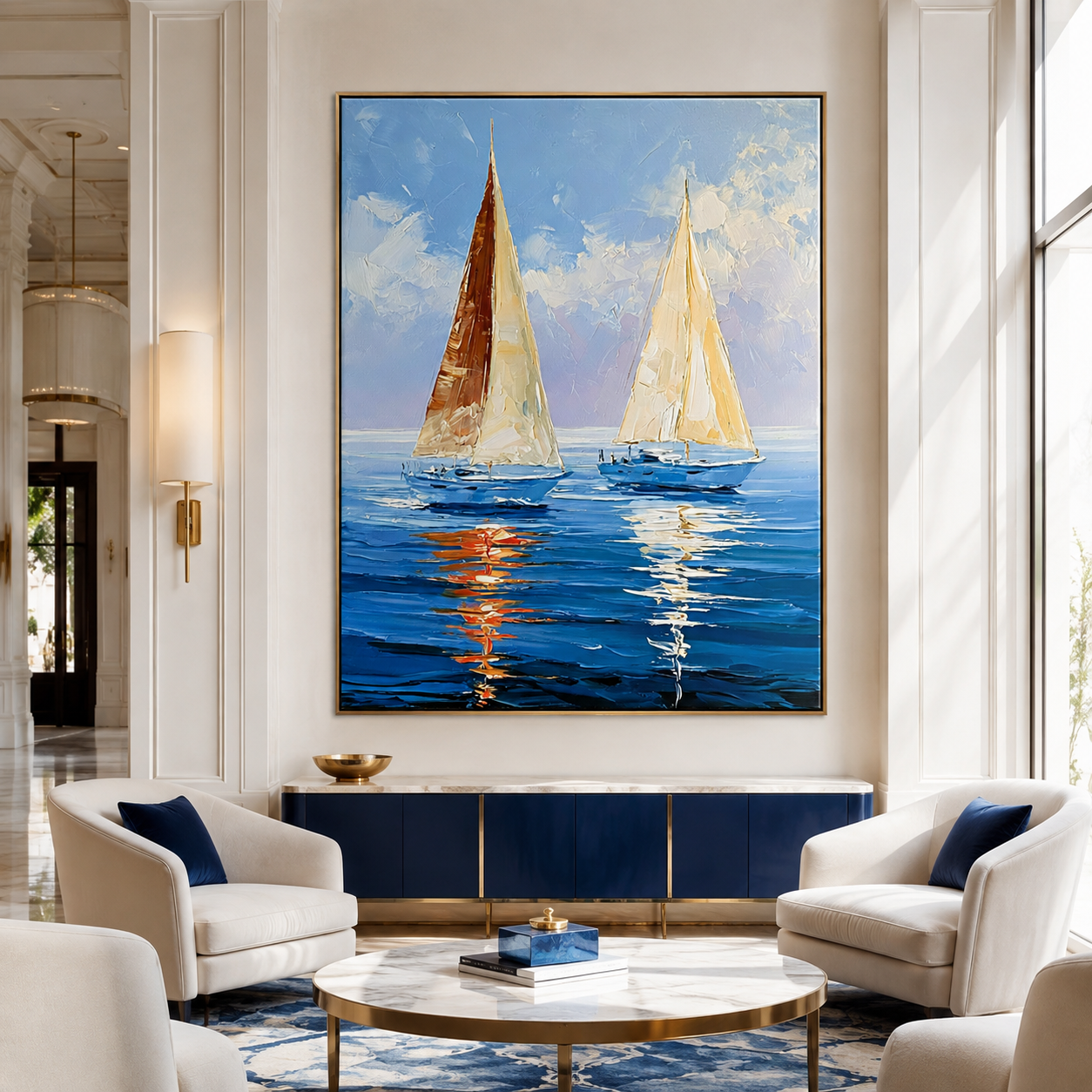 Golden Sails-Blue Ocean Seascape Painting
