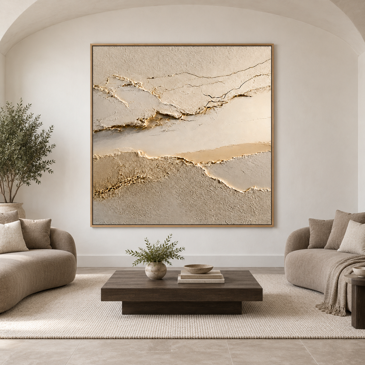 Golden Vein Horizon-Modern Beige Textured Abstract Painting