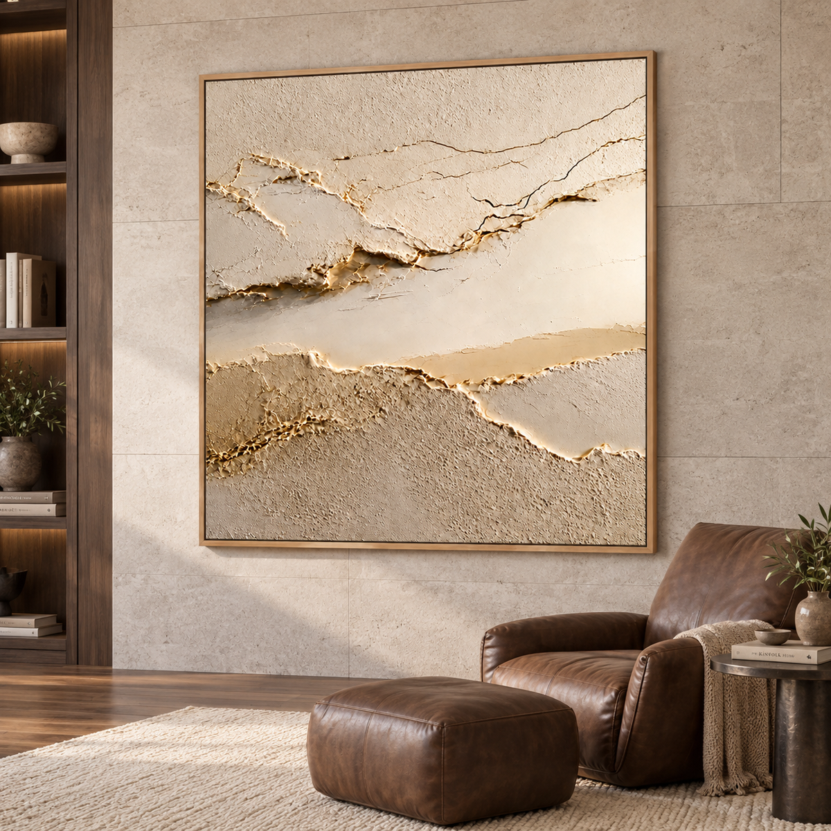 Golden Vein Horizon-Modern Beige Textured Abstract Painting