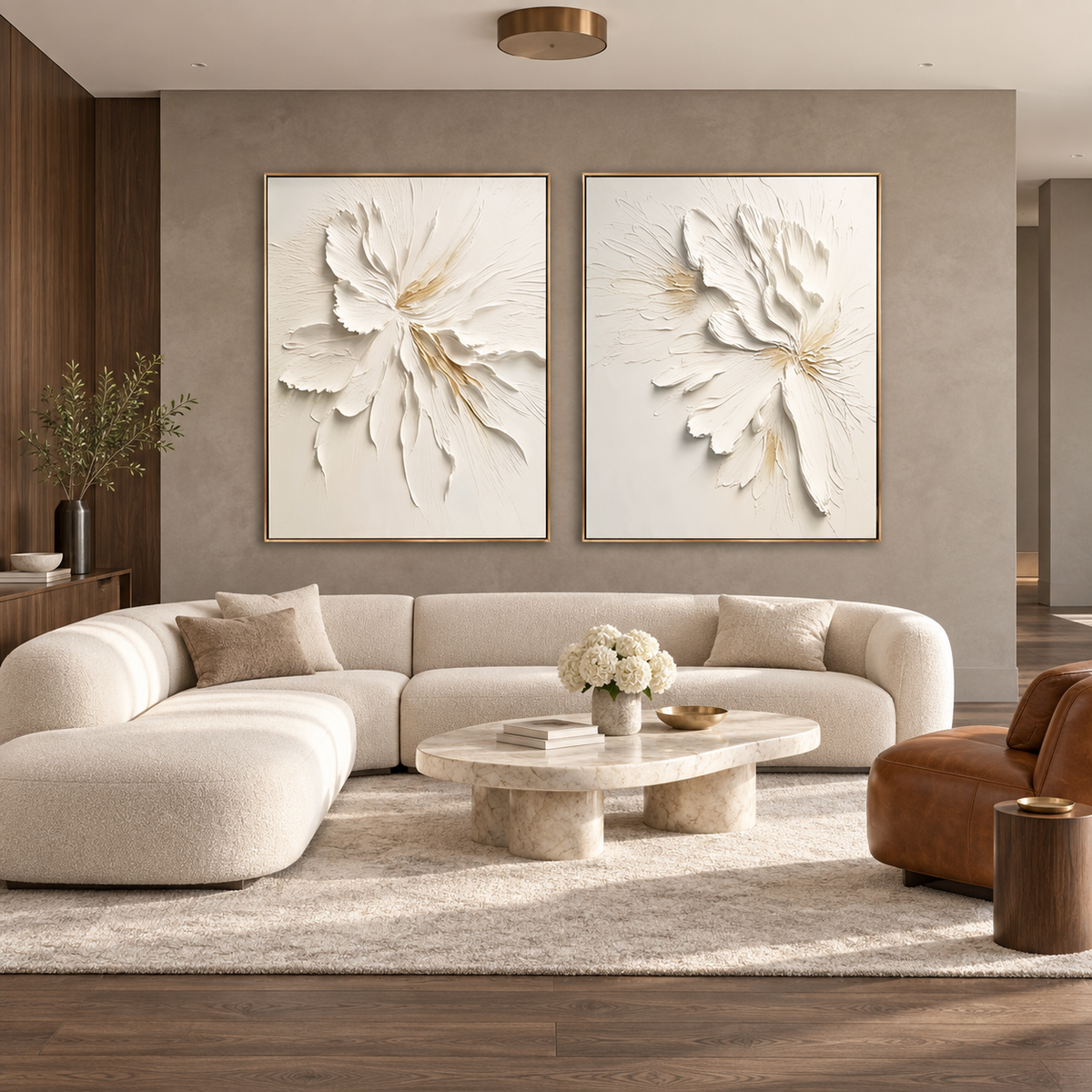 White Bloom Harmony-Diptych Textured Floral Painting