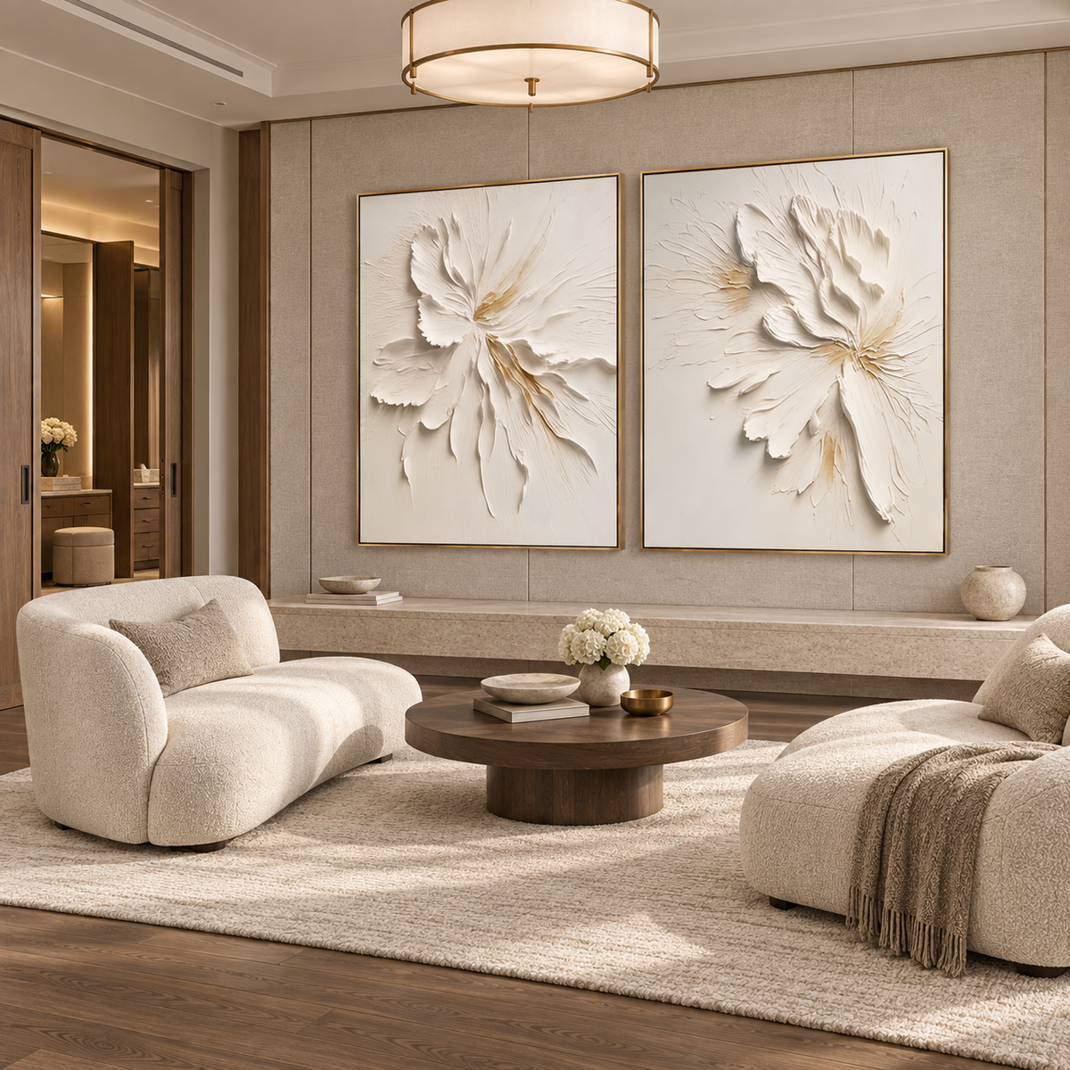 White Bloom Harmony-Diptych Textured Floral Painting