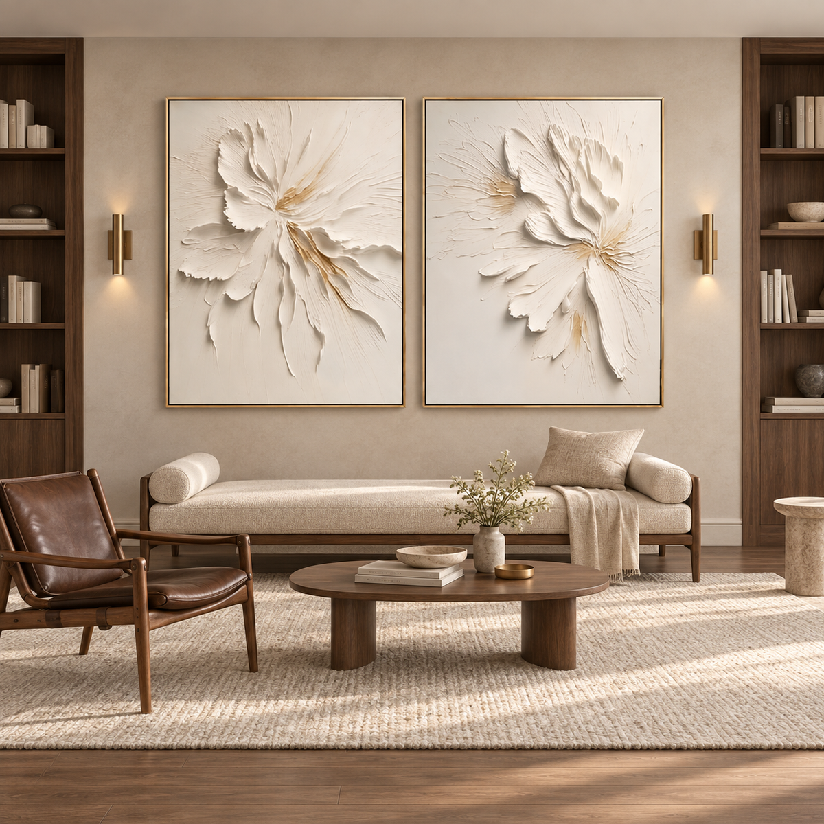 White Bloom Harmony-Diptych Textured Floral Painting