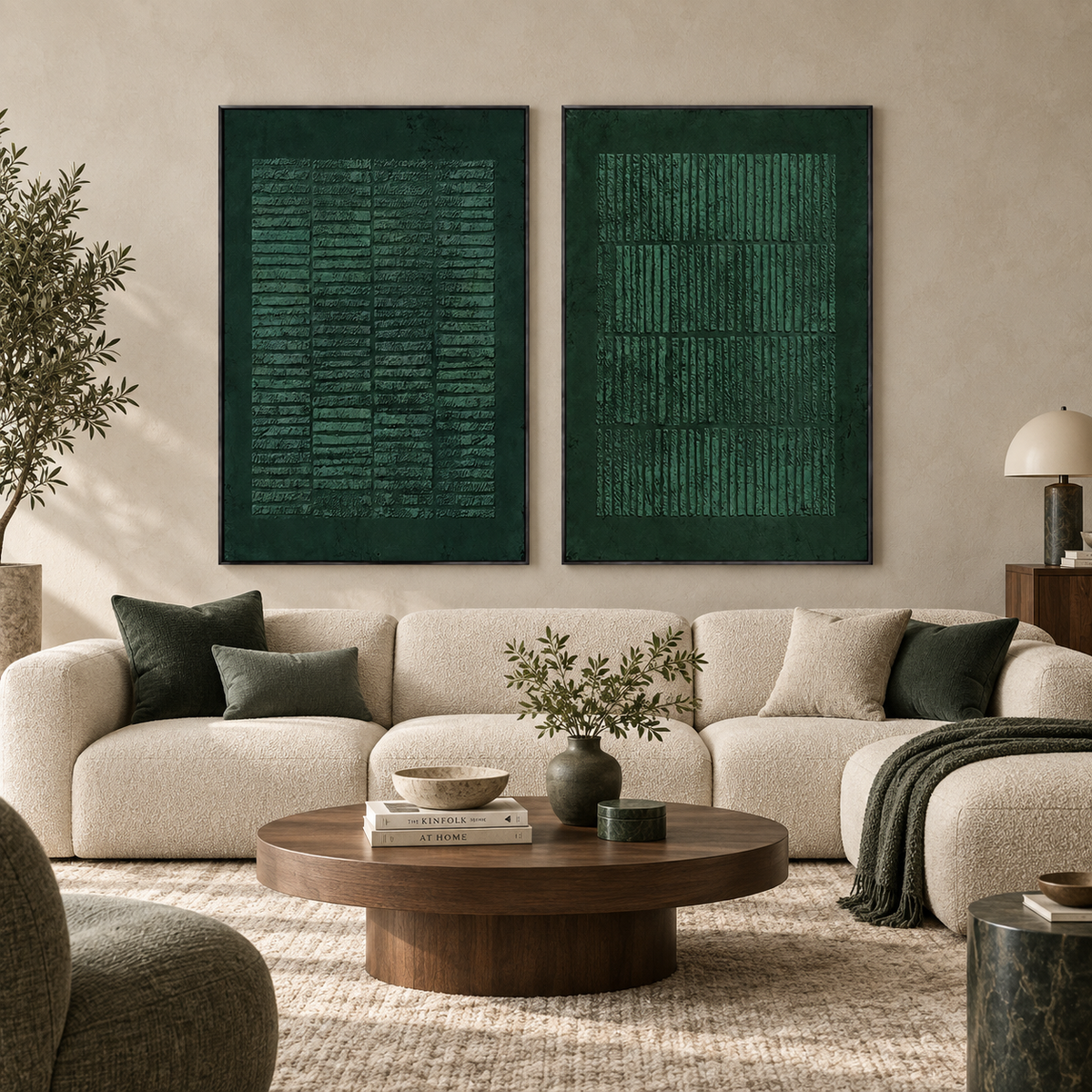 Emerald Grid Harmony-Modern Abstract Textured Green Diptych Painting