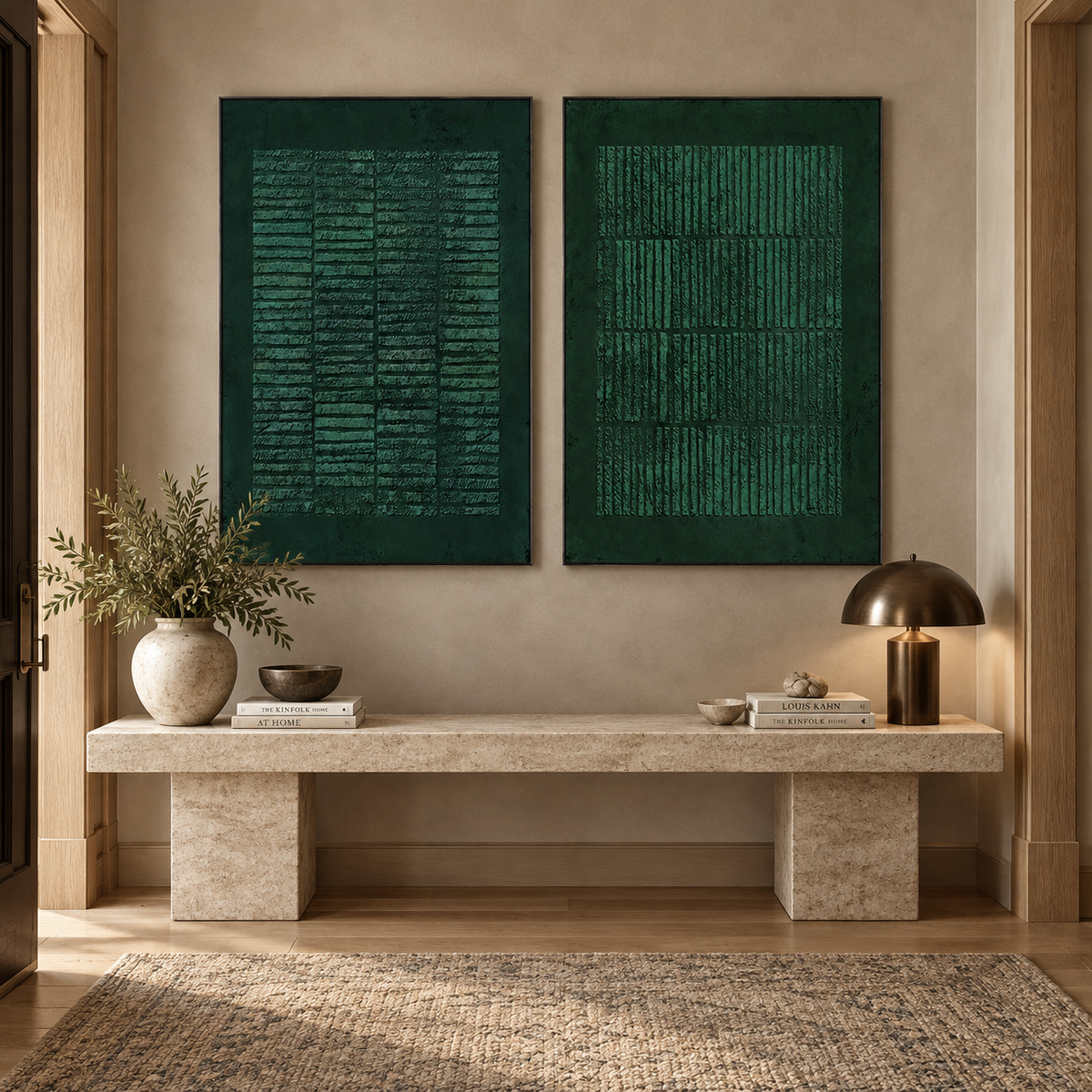 Emerald Grid Harmony-Modern Abstract Textured Green Diptych Painting